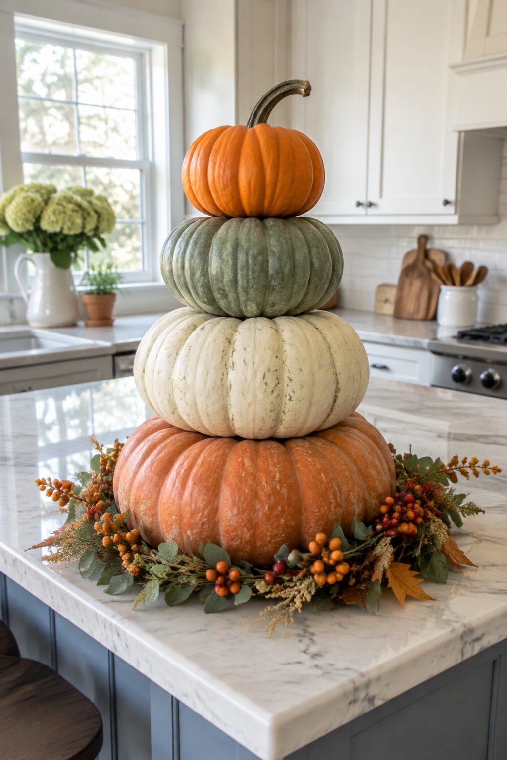Stacked orange, white, and green pumpkins with autumn berry wreath on marble counter