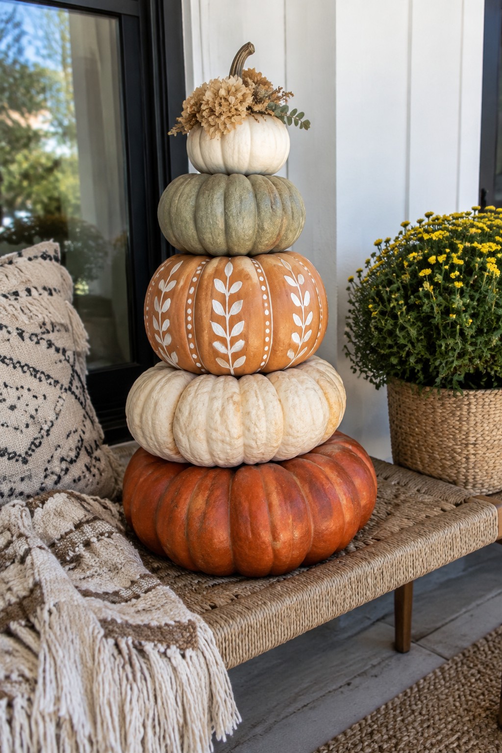 Tall stack of pumpkins in orange, white, and green tones arranged on a woven bench, with one painted pumpkin in the middle and dried flowers on top.