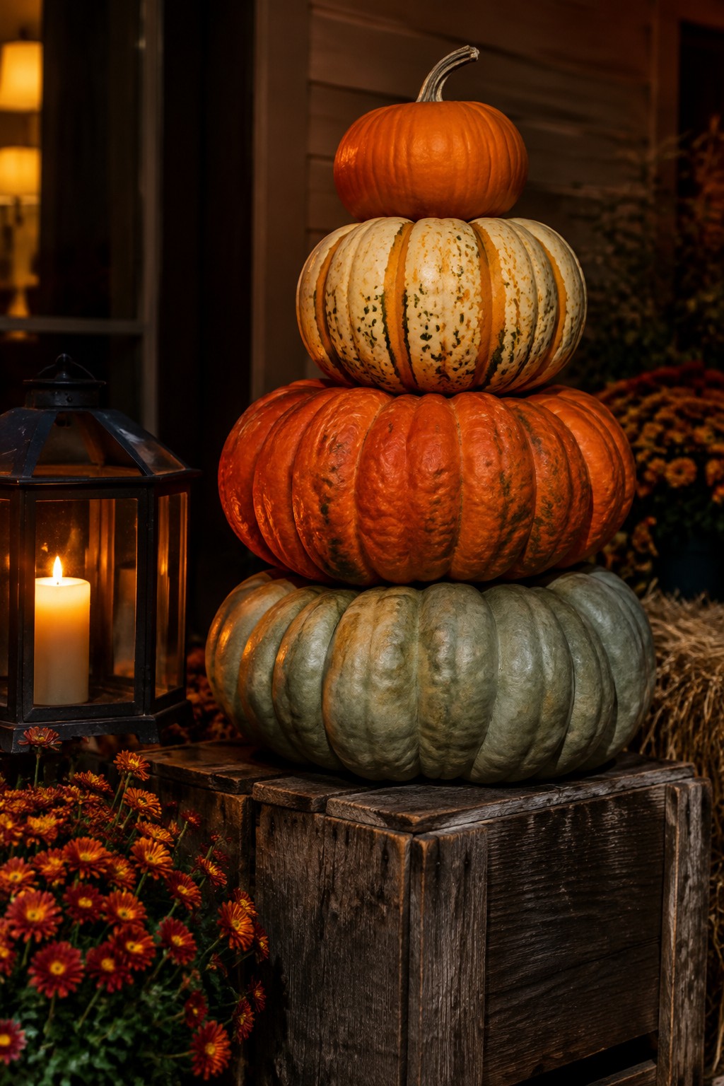 Stacked pumpkins on wooden crate with lit lantern and autumn chrysanthemums