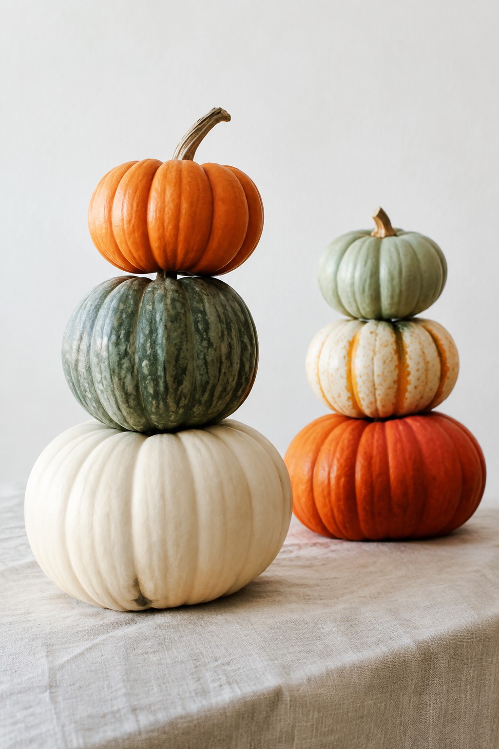 Two stacks of orange, white, green, and mottled pumpkins on a linen-covered table