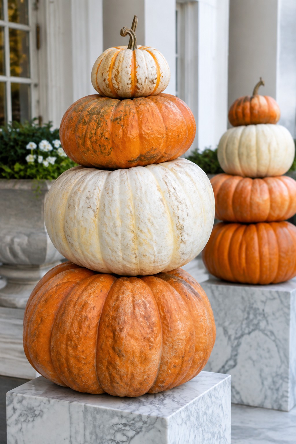Three towers of stacked pumpkins in orange and white sit on marble pedestals outside a building entrance.