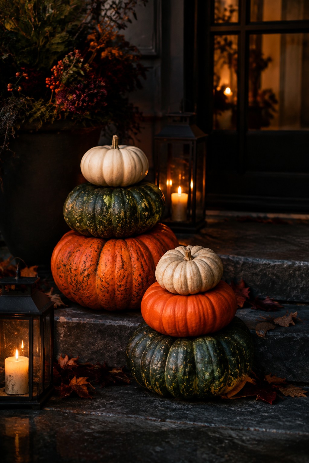 Stacked colorful pumpkins on stone steps with glowing lanterns and autumn leaves