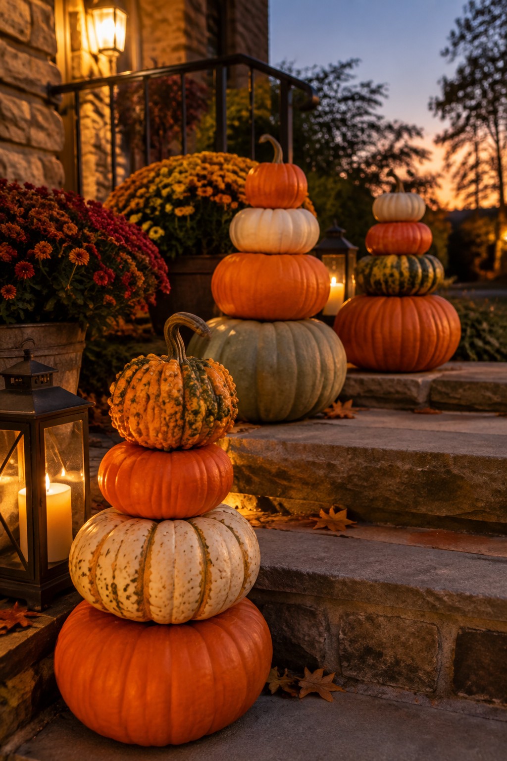 Stacked pumpkins and glowing lanterns adorn stone steps amid autumn chrysanthemums at dusk.