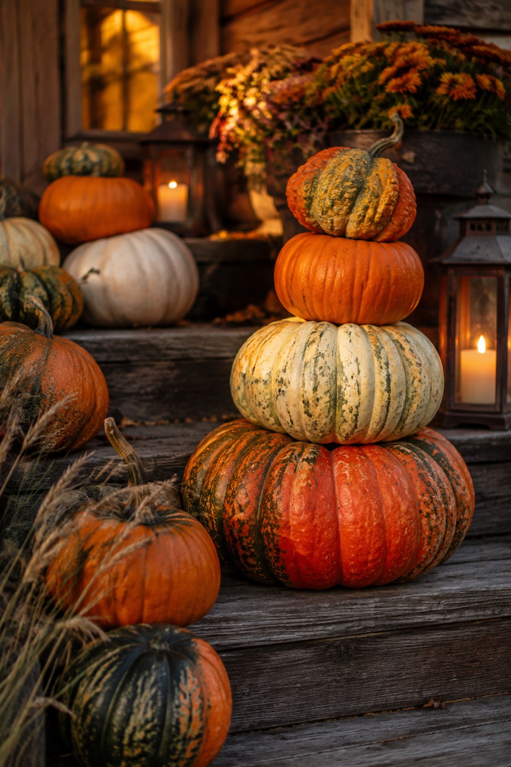 Stacked pumpkins of various colors and sizes arranged in a tower on wooden porch steps, surrounded by lanterns and autumn flowers.
