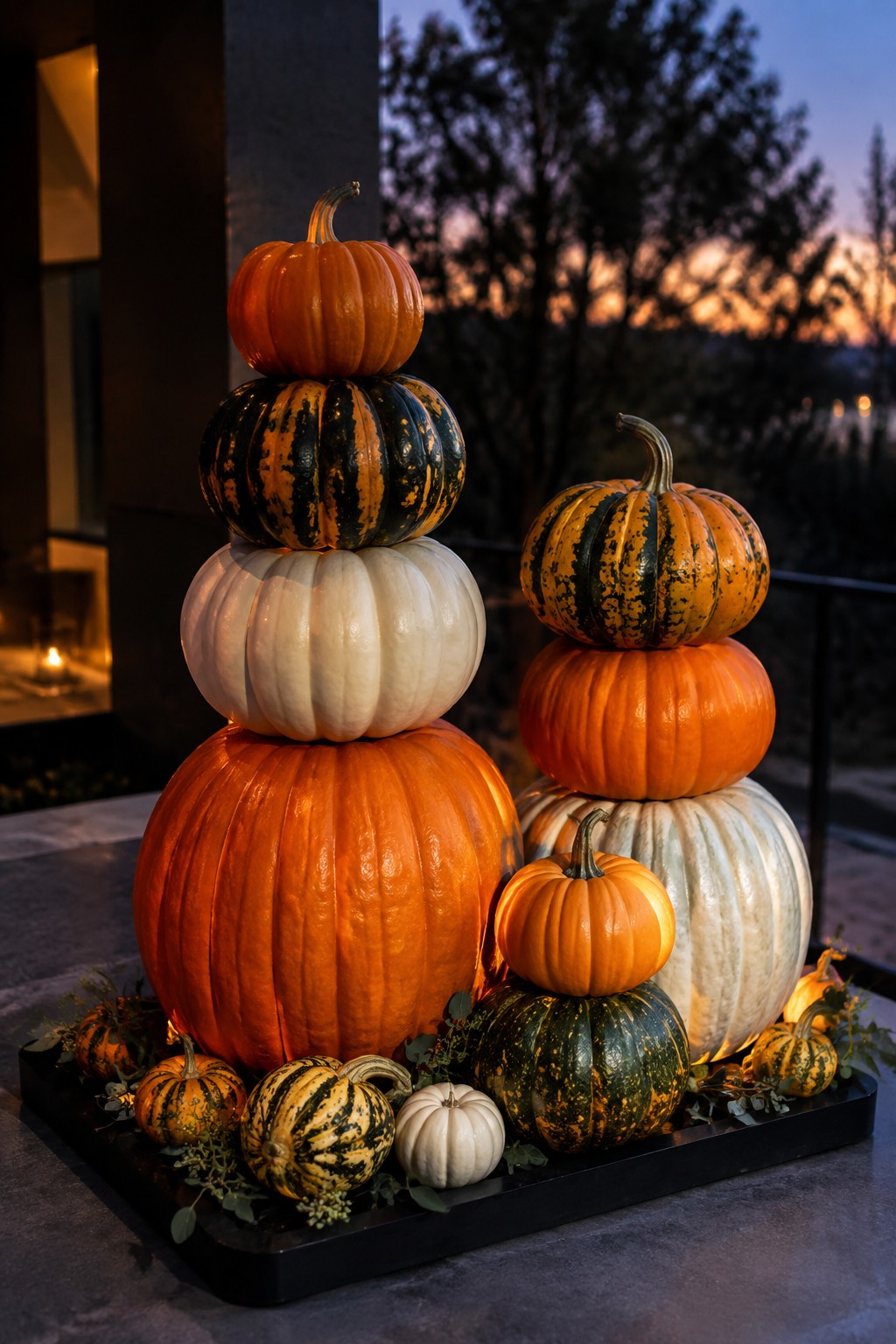 Two tall towers of stacked pumpkins in orange, white, and striped varieties sit on a black tray outdoors with smaller pumpkins around the base.