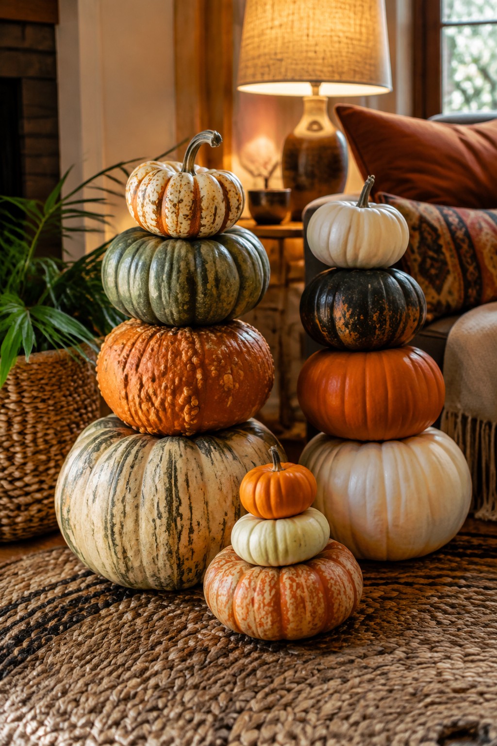 Two tall stacks of assorted pumpkins in orange, white, green, and striped patterns sit on a woven rug in a living room.