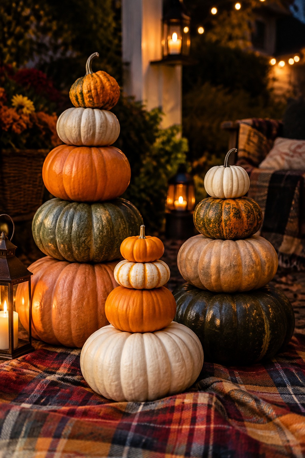 Three towers of stacked pumpkins in orange, white, and green sit on a plaid blanket outdoors with lanterns nearby.