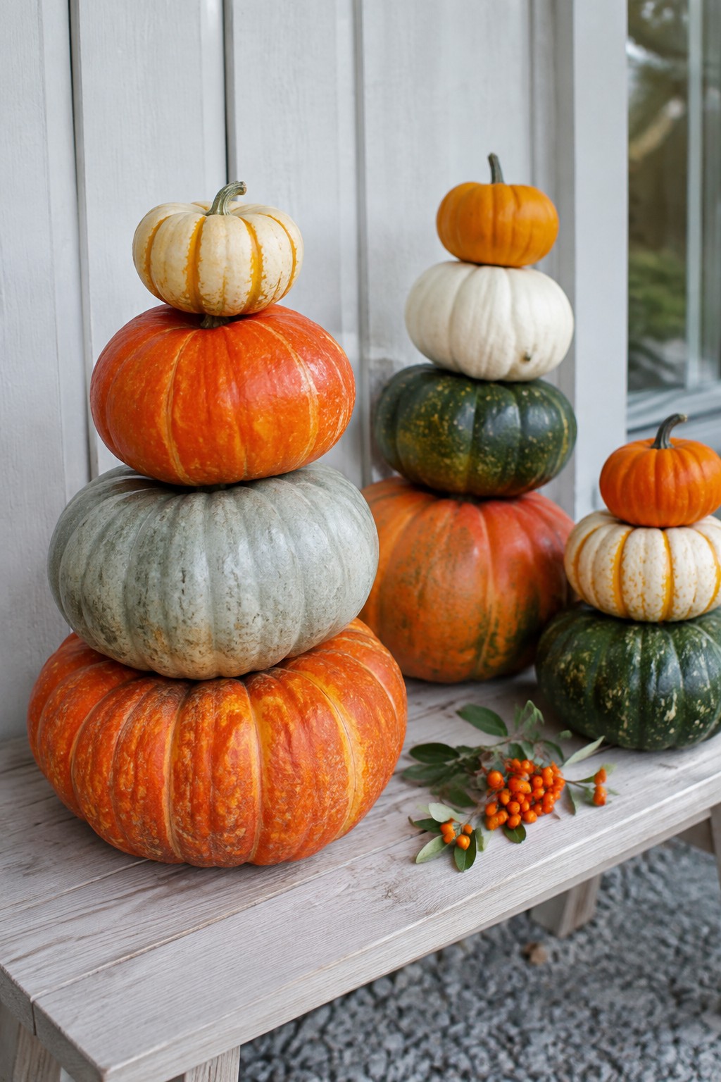 Stacked orange, white, green pumpkins on wooden bench with orange berries