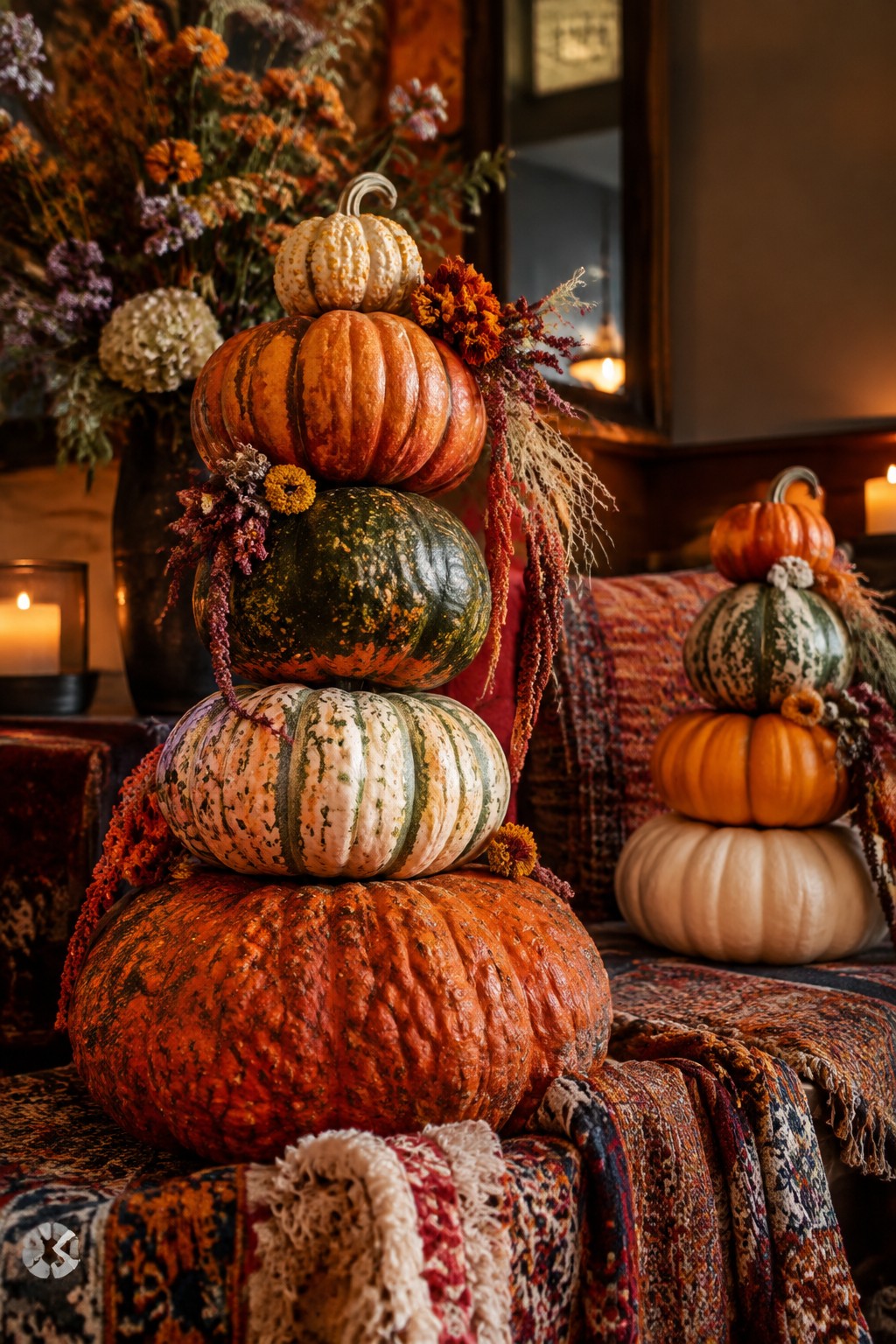 Indoor seating area with multiple towers of stacked pumpkins in orange, green, and white tones arranged on patterned textiles.