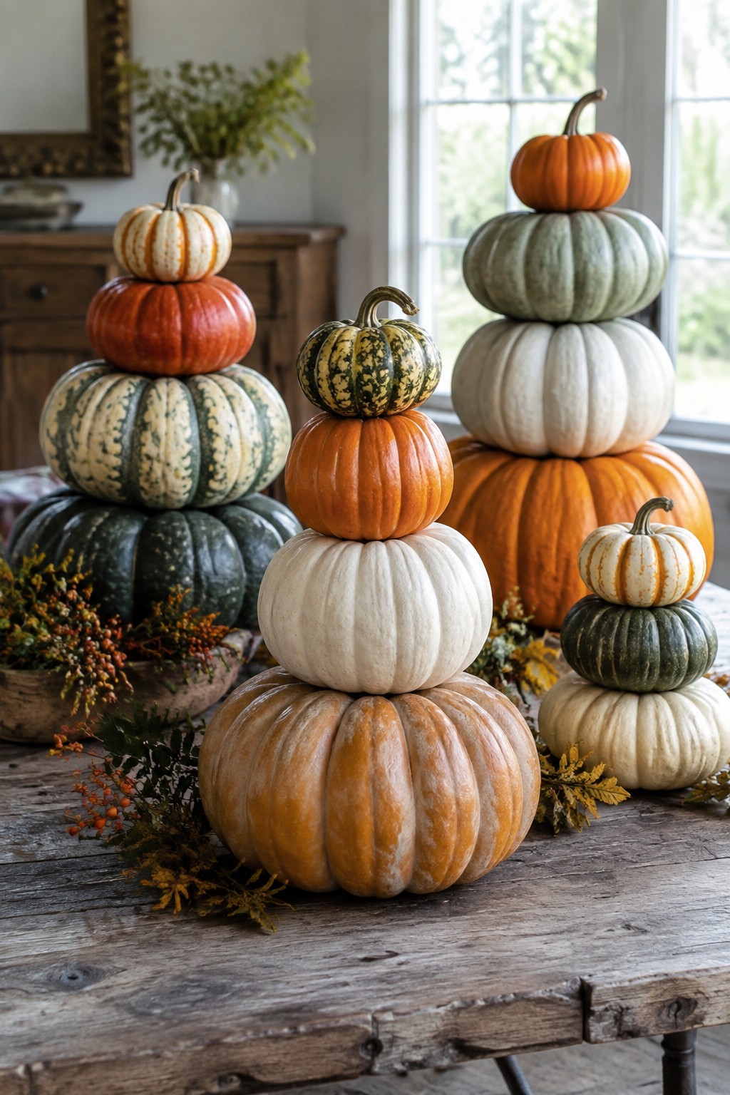 Multiple towers of stacked pumpkins in orange, white, green, and striped varieties sit on a rustic wooden table with autumn foliage at the base.