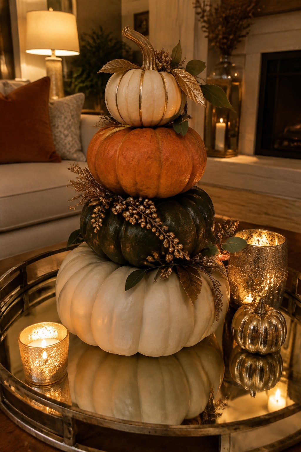 Stacked white, orange, and green pumpkins with gold accents and lit candles