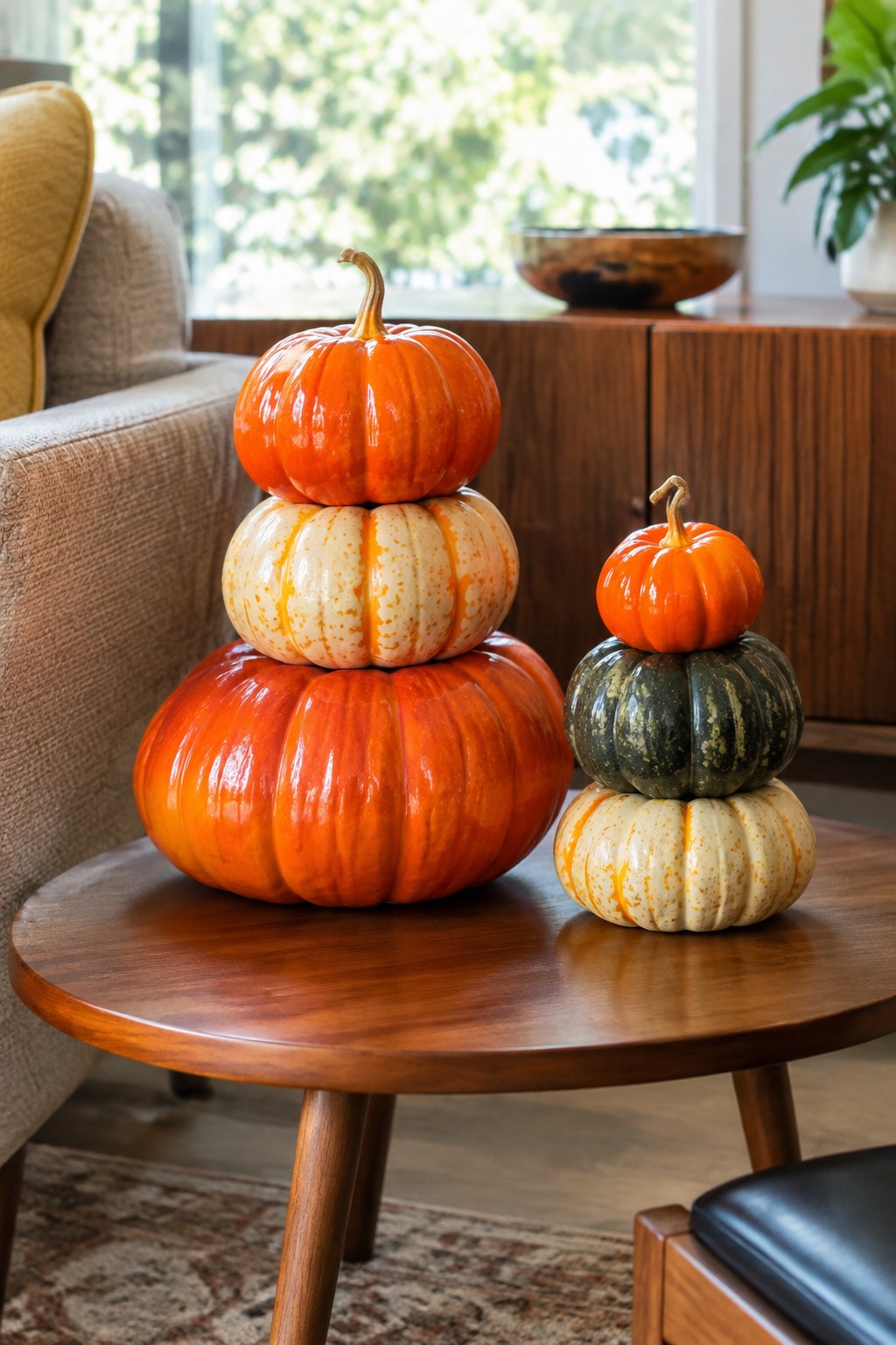 Wooden coffee table holding two stacks of decorative pumpkins in orange, speckled white, and dark green.