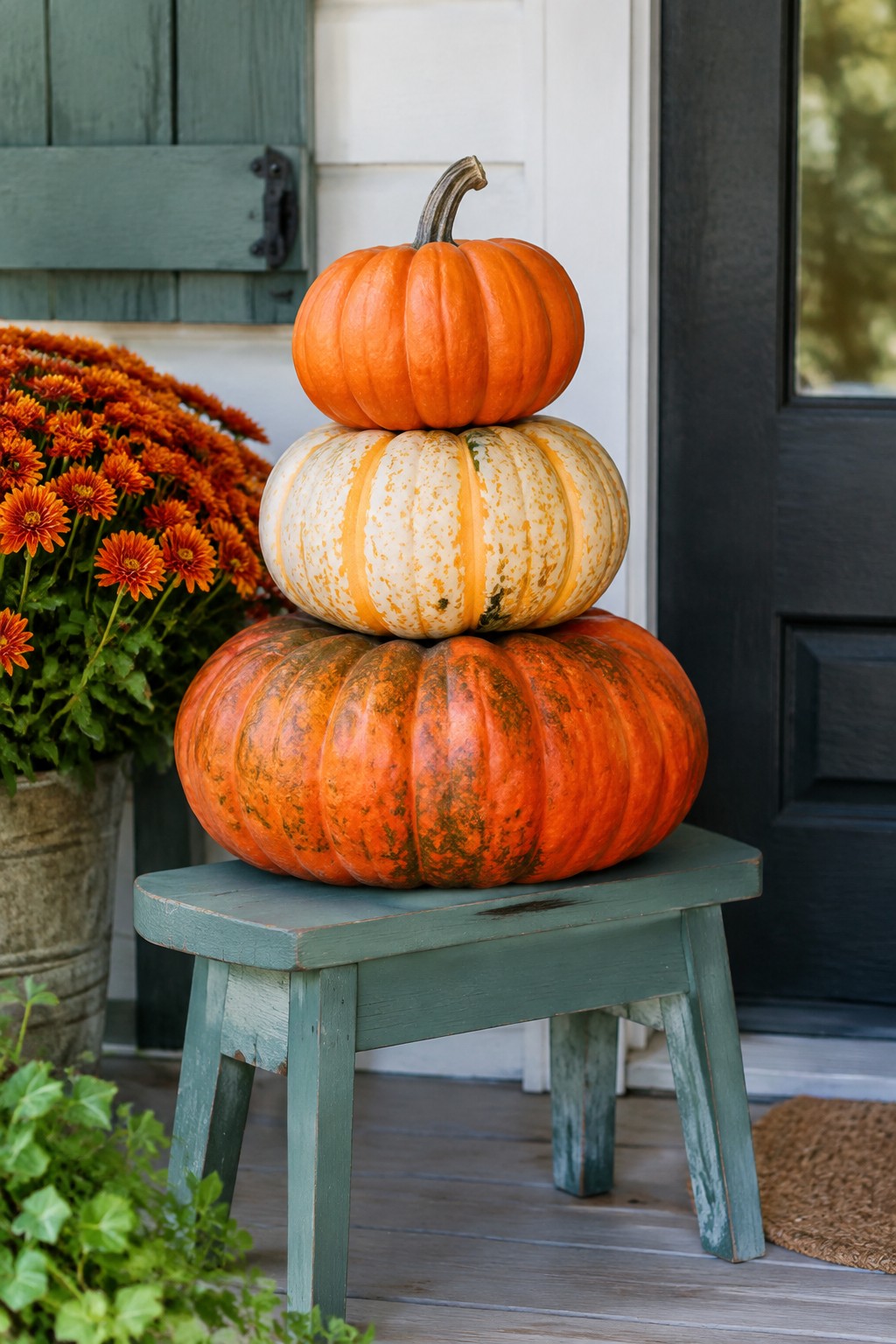 Three stacked pumpkins on green stool by orange flowers and black door