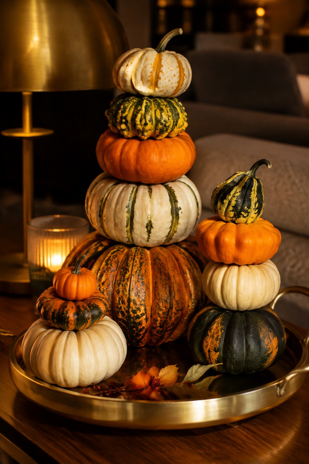 A brass tray on a wooden table holds multiple stacks of pumpkins in orange, white, and green-black striped varieties with a few autumn leaves at the base.