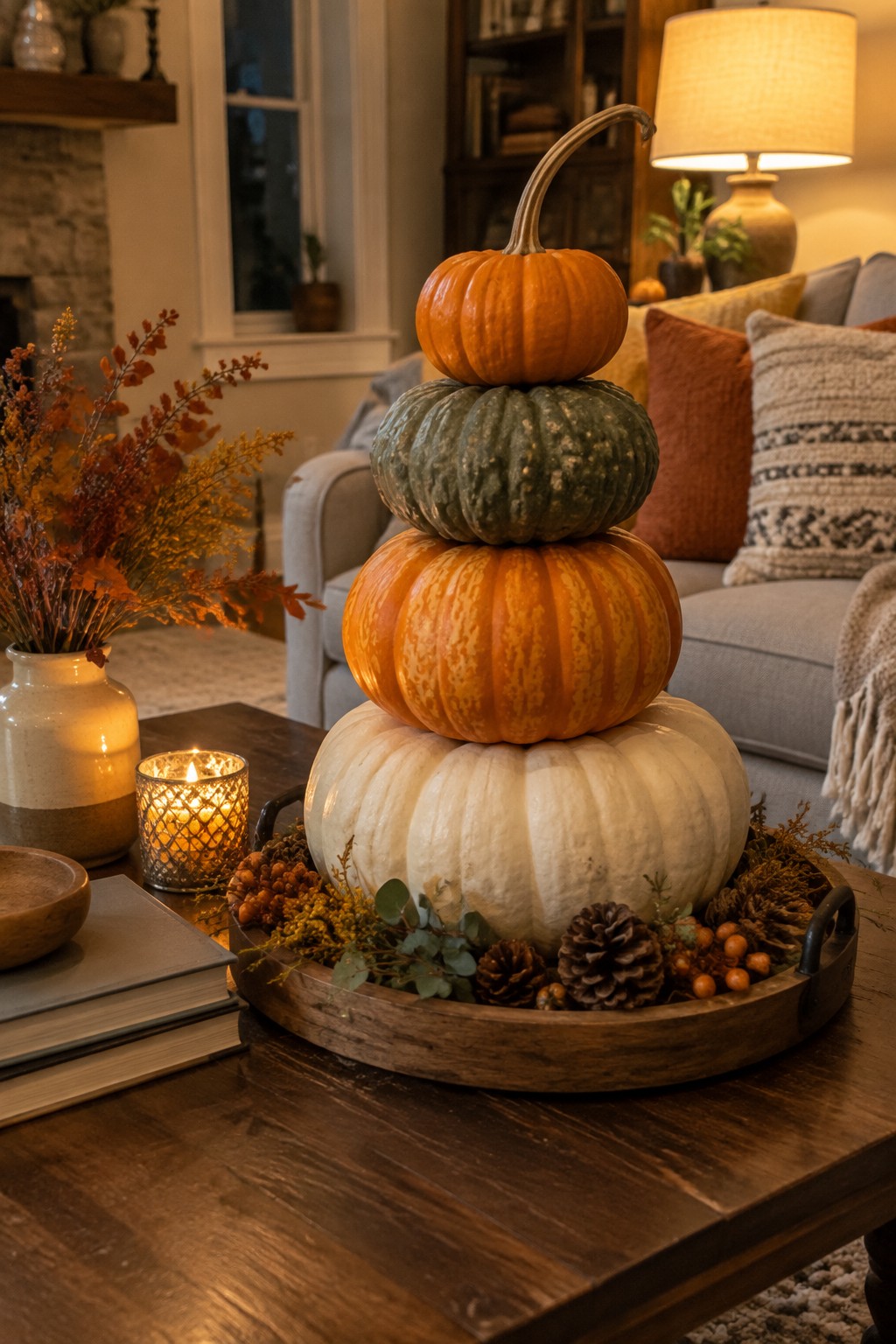 Stacked orange, green, and white pumpkins in wooden tray with autumn accents