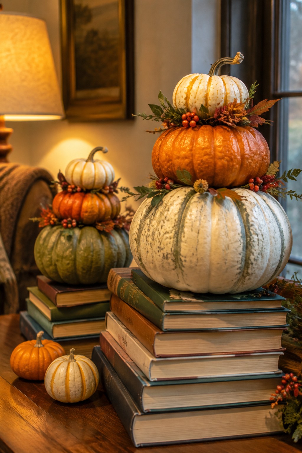 Stacked pumpkins in white, orange, and green sit on piles of old books as a tabletop display.