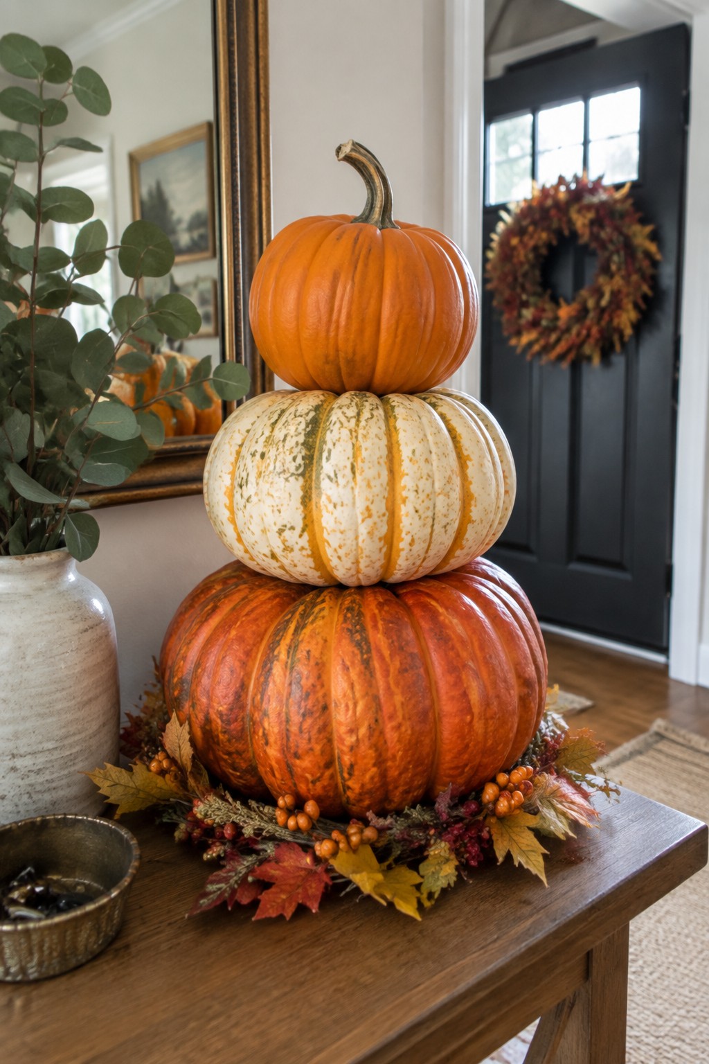 Three stacked pumpkins sit on a wooden console table in an entryway, with the largest orange pumpkin at the bottom, a white and green striped one in the middle, and a smaller orange one on top, surrounded by autumn leaves and berries.