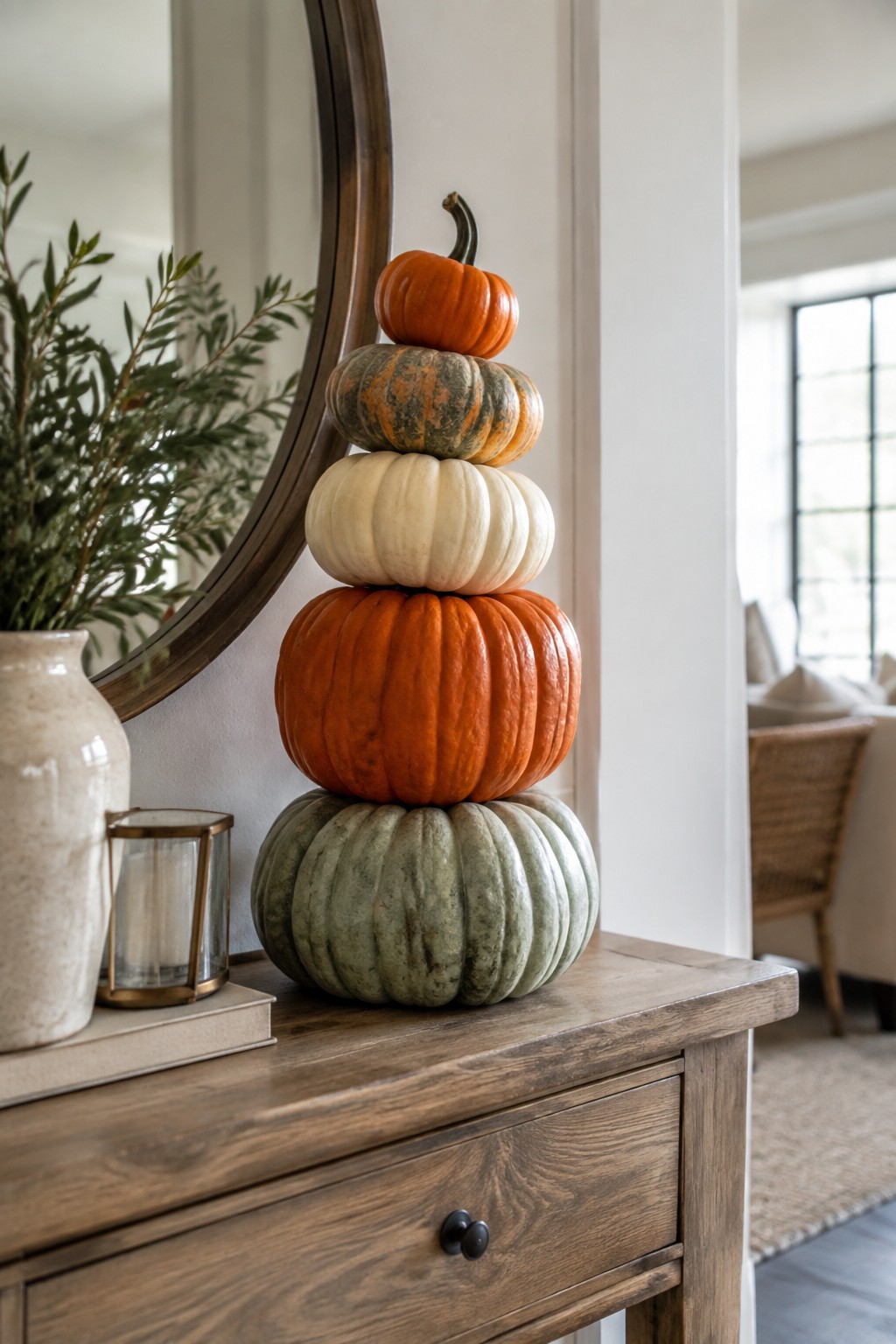 Stacked orange, white, and green pumpkins on rustic wooden console with vase