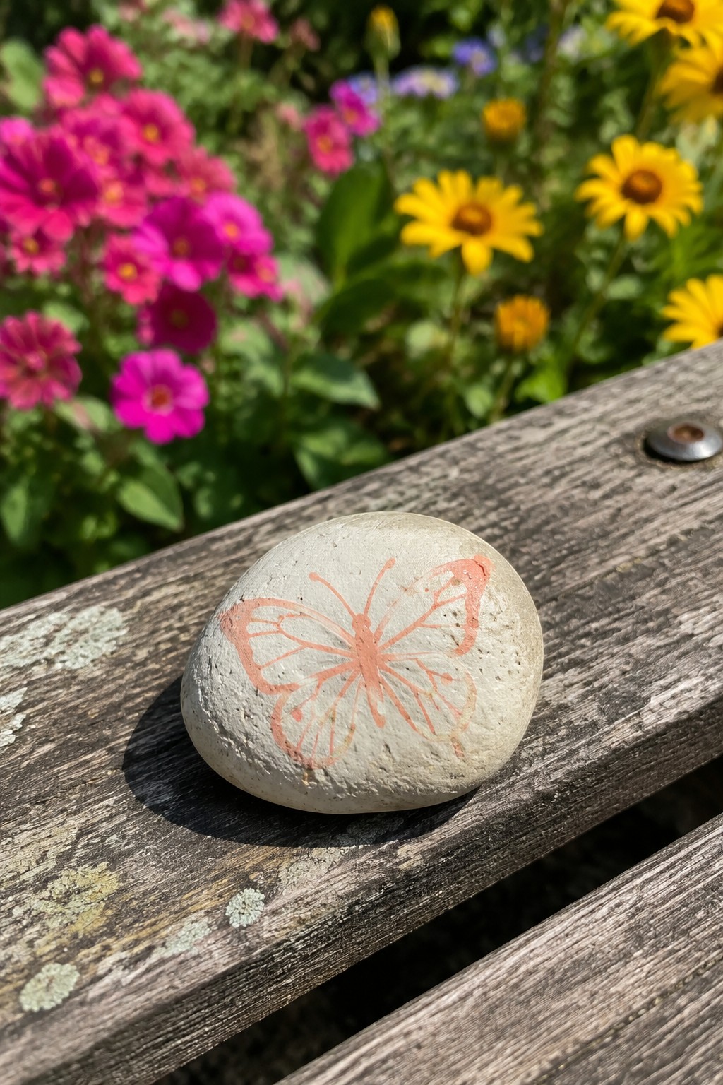Painted gray stone with orange butterfly on weathered wood, colorful flowers in background.