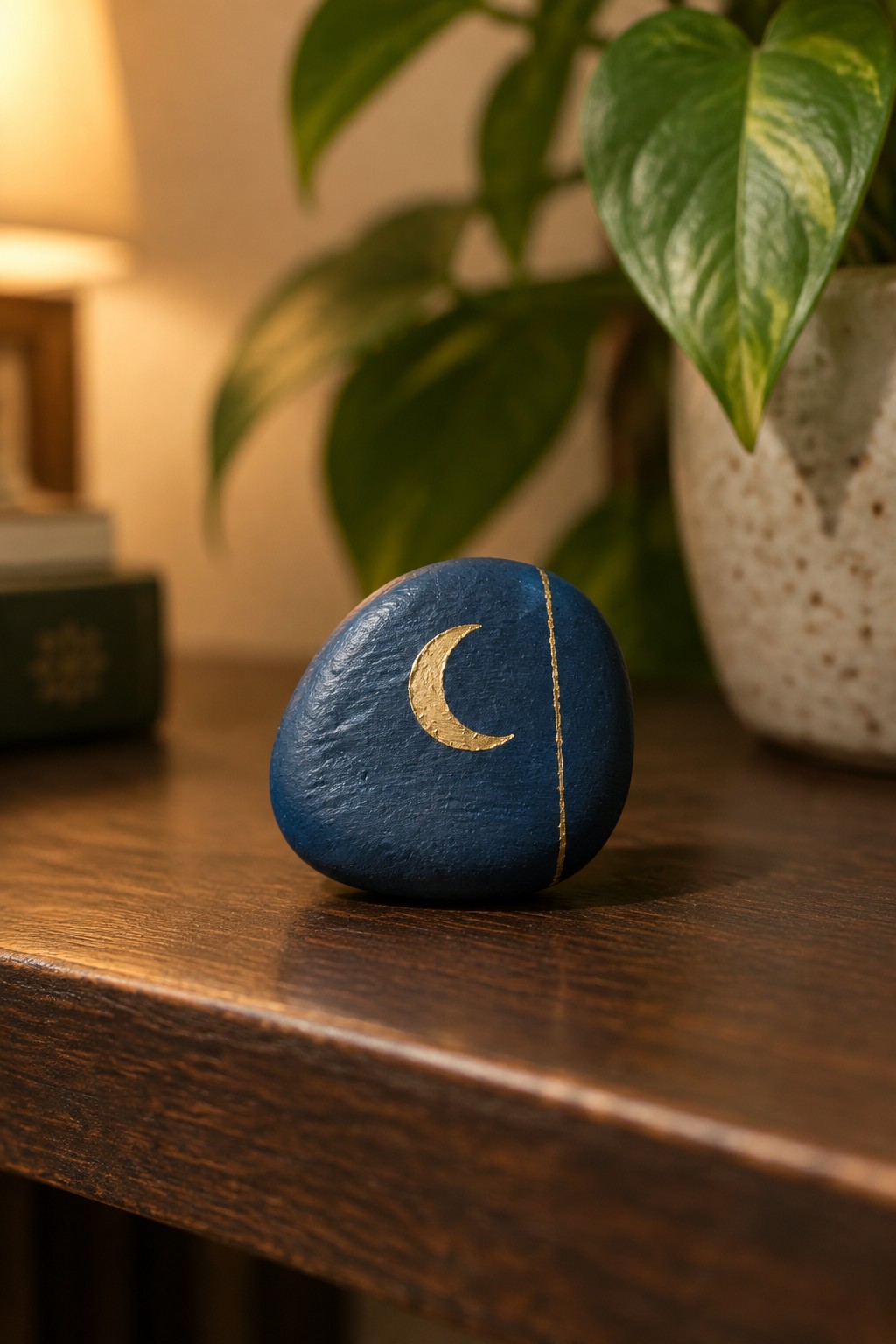 Blue painted rock with gold crescent moon and line on wooden table