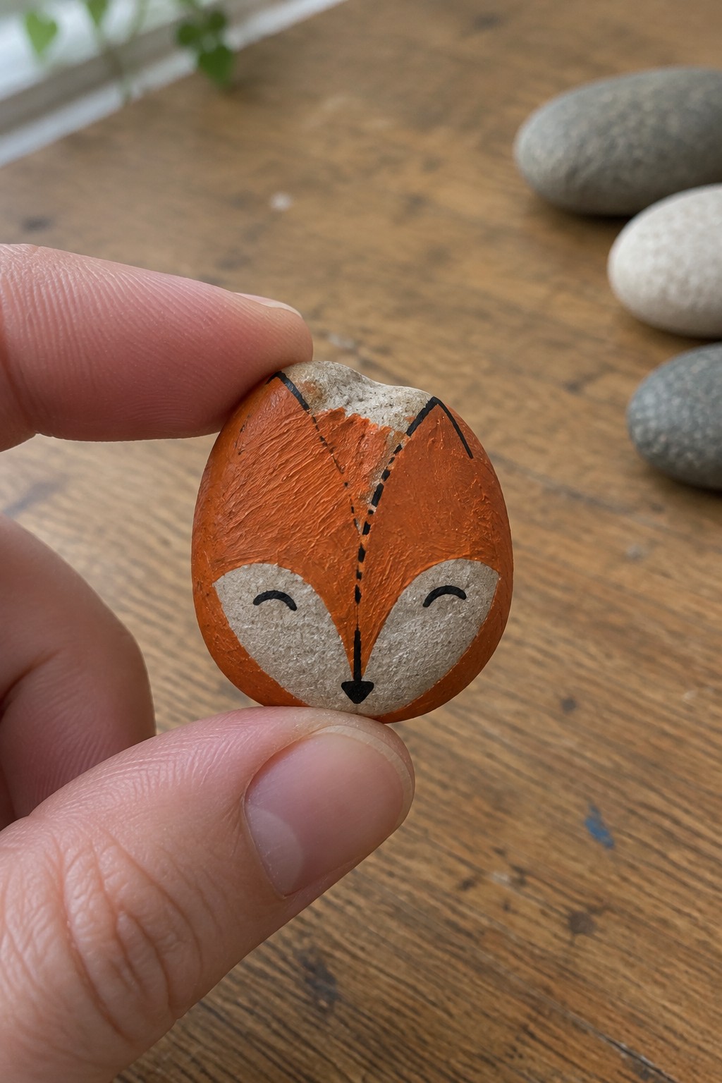 Hand holding small orange rock painted as fox face with closed eyes.