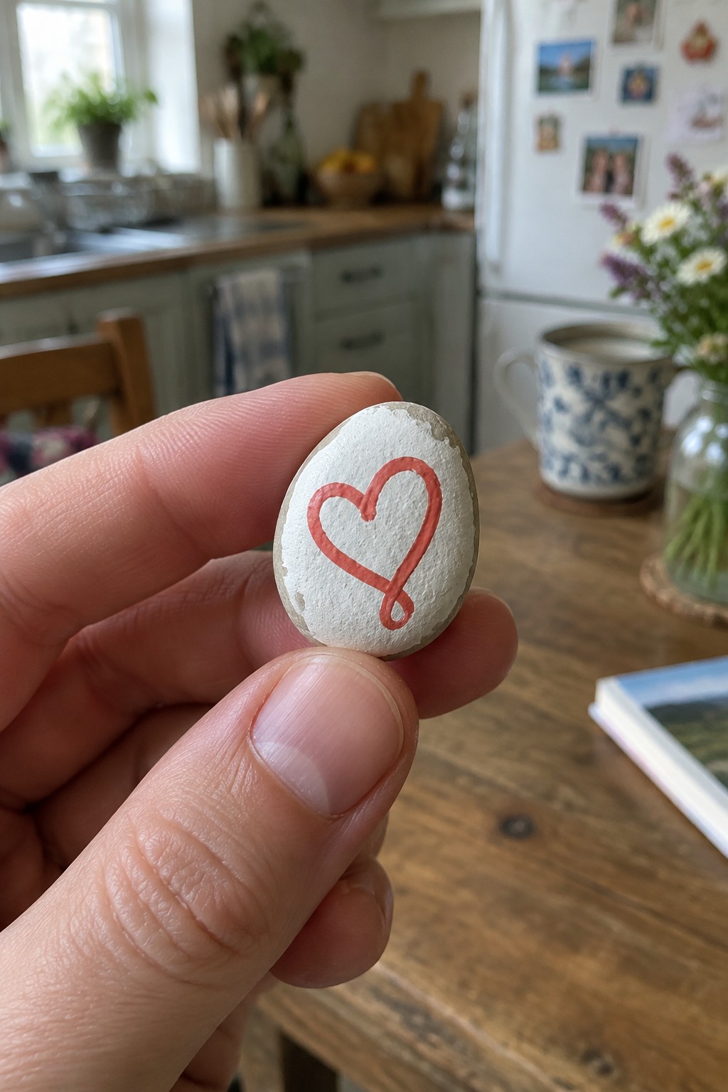 Hand holding white oval stone painted with red heart, kitchen background visible