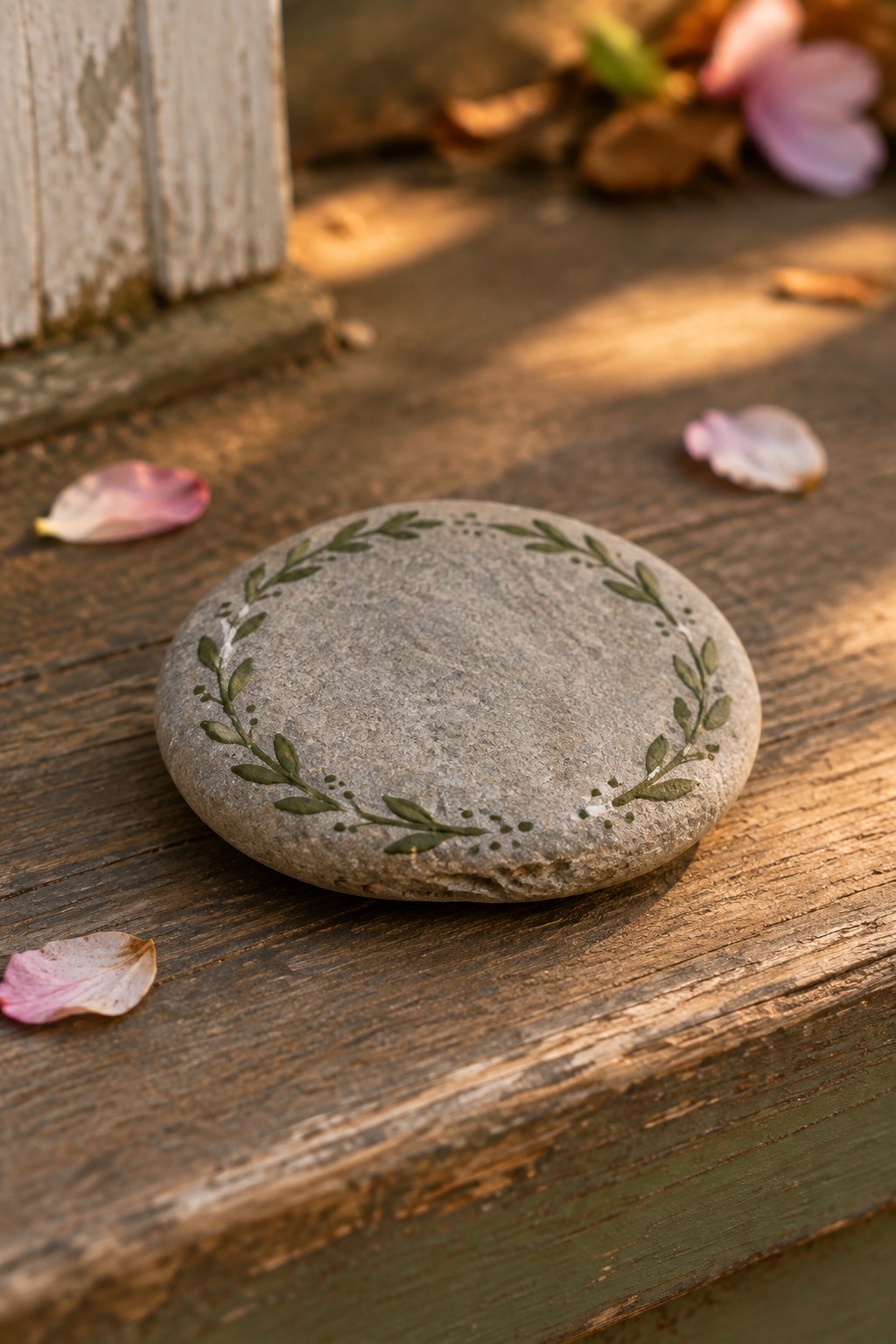 Gray stone with green leafy wreath on sunlit wooden surface amid pink petals