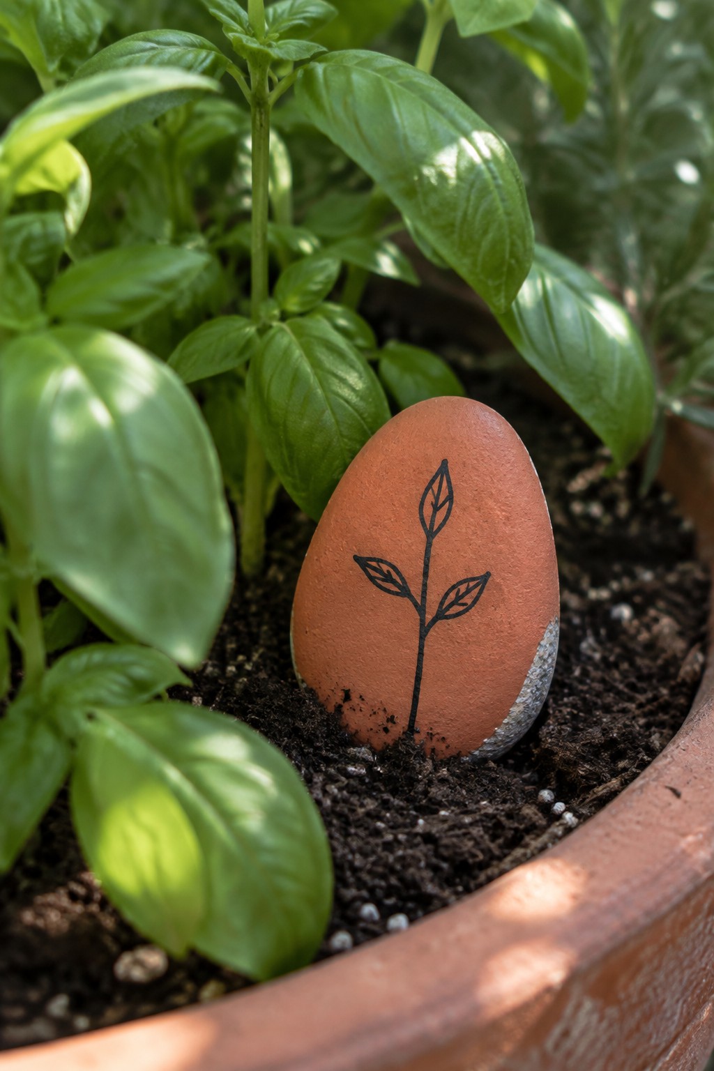 Orange stone painted with black plant sprout amid basil in soil pot