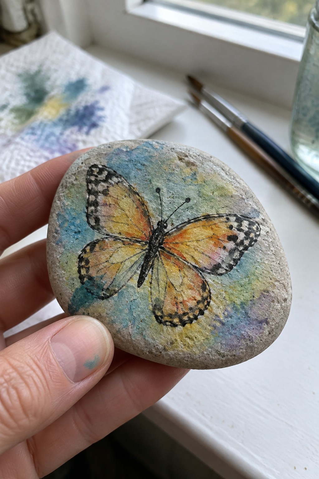 Hand holding stone painted with vibrant orange-yellow butterfly on watercolor background