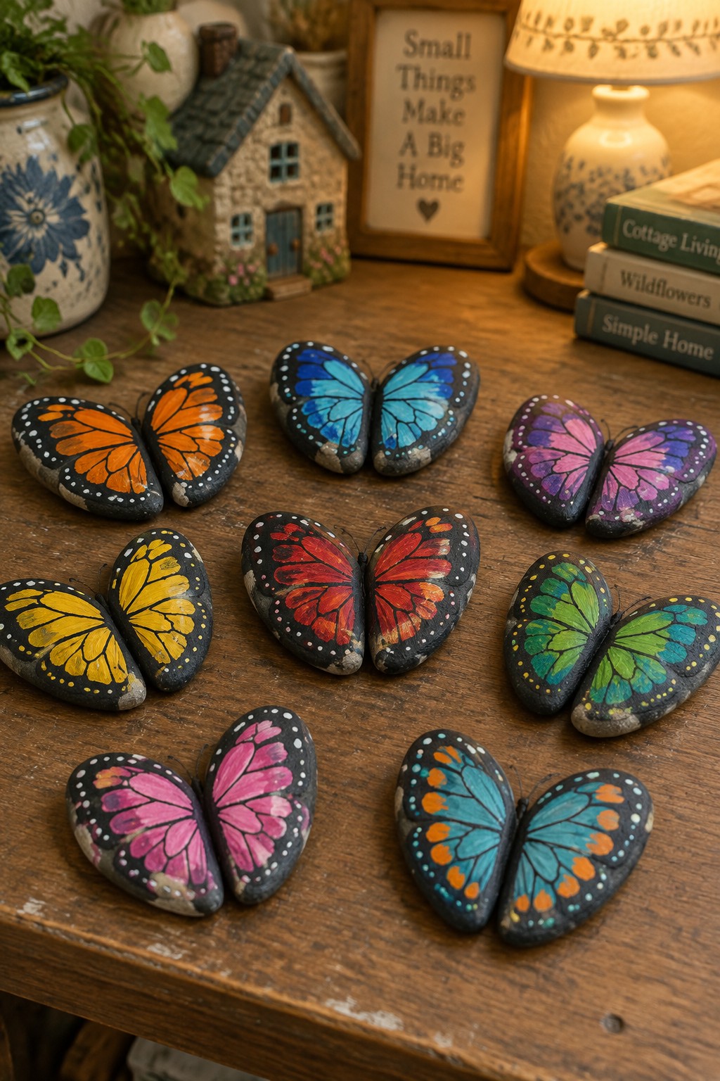 Colorful hand-painted butterfly rocks displayed on rustic wooden table with decor