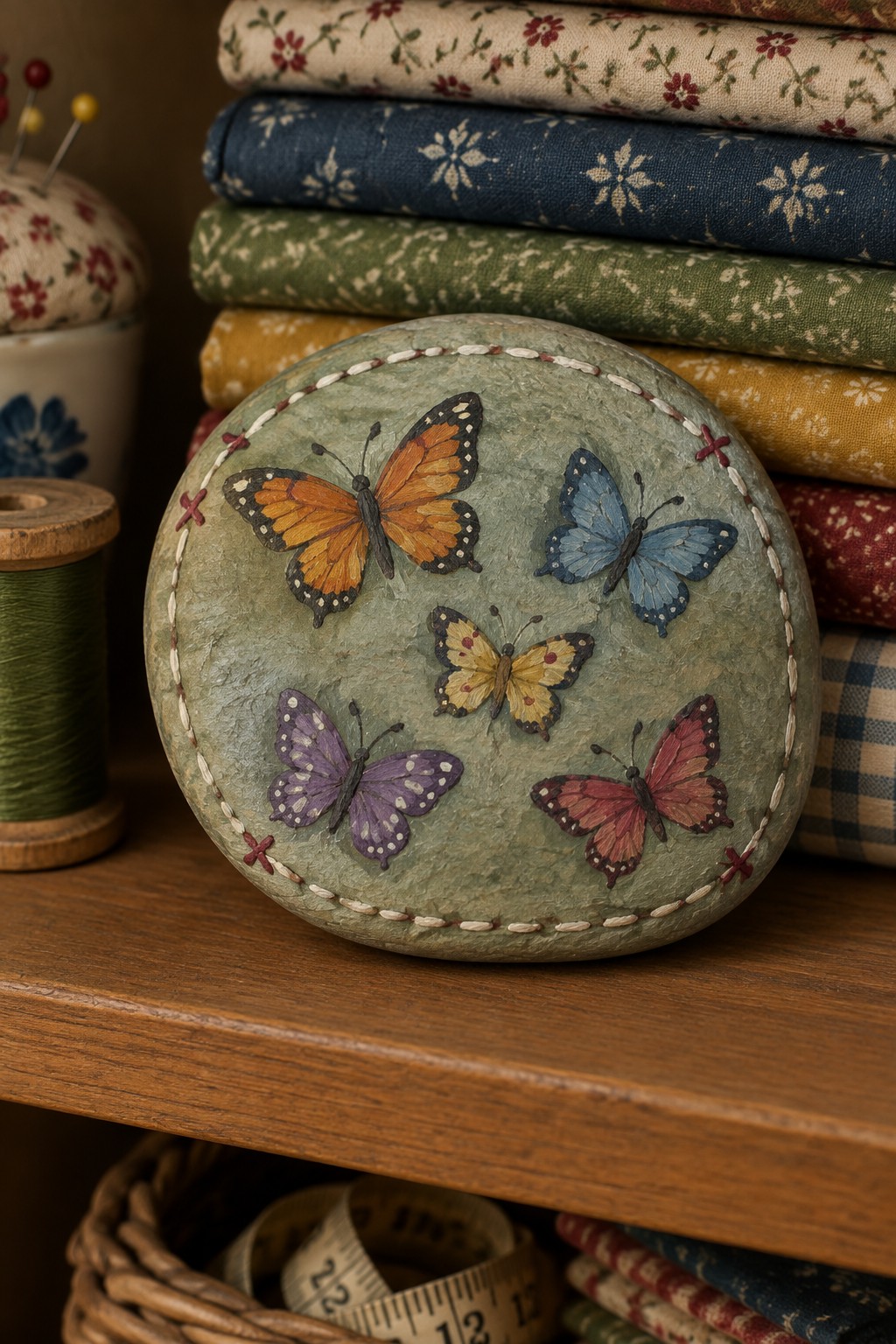 Round green box with five colorful butterflies amid stacked floral fabrics and sewing tools