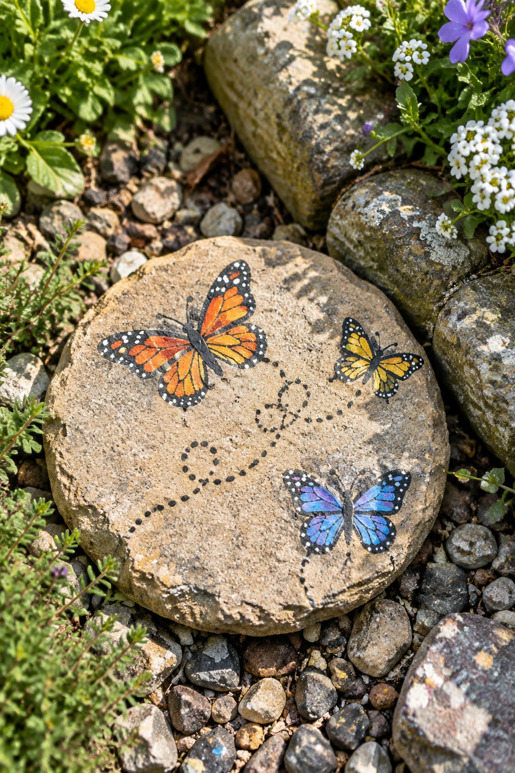 Three colorful butterflies painted on a flat garden rock with dotted path