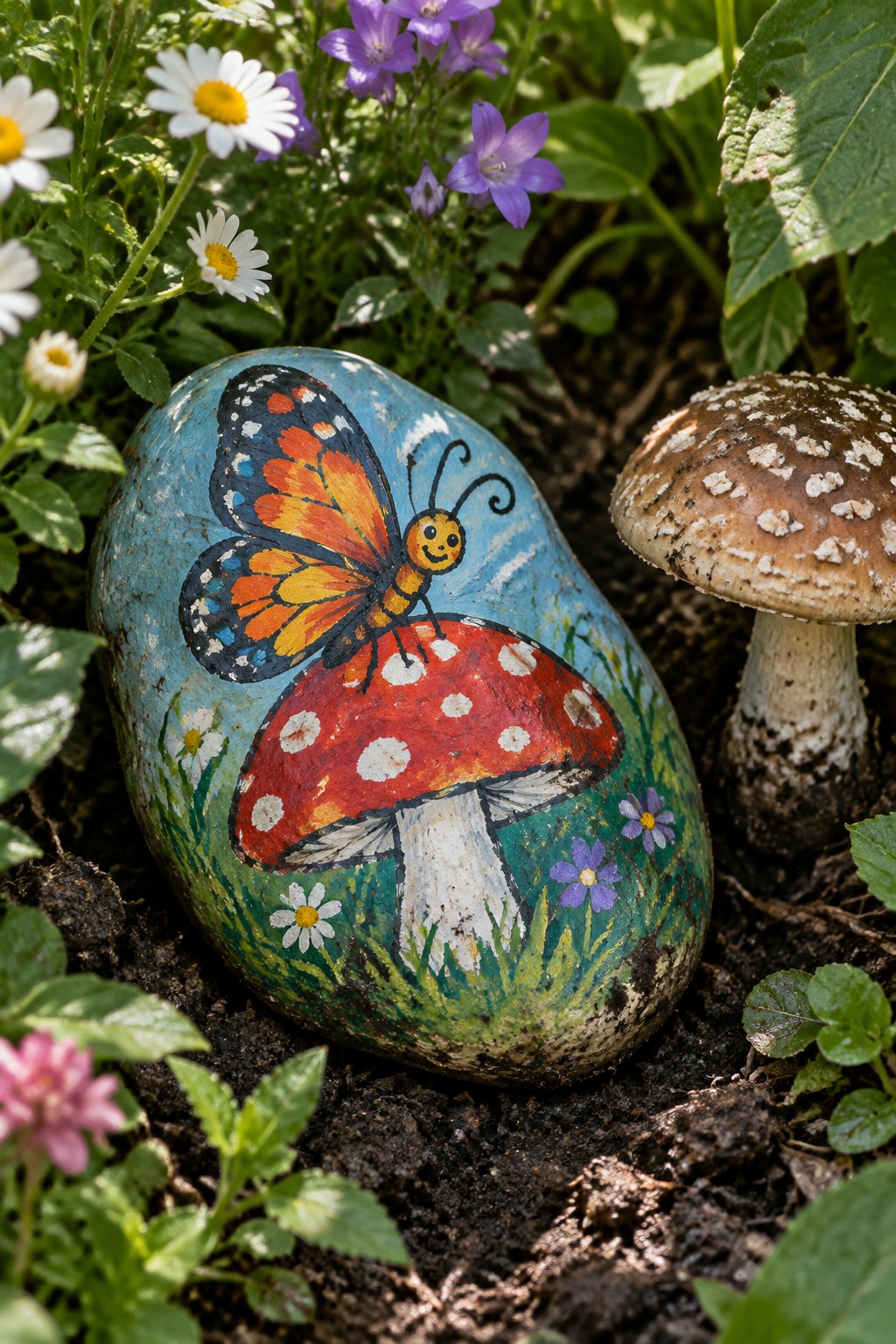 Painted rock with orange butterfly on red spotted mushroom among garden flowers.