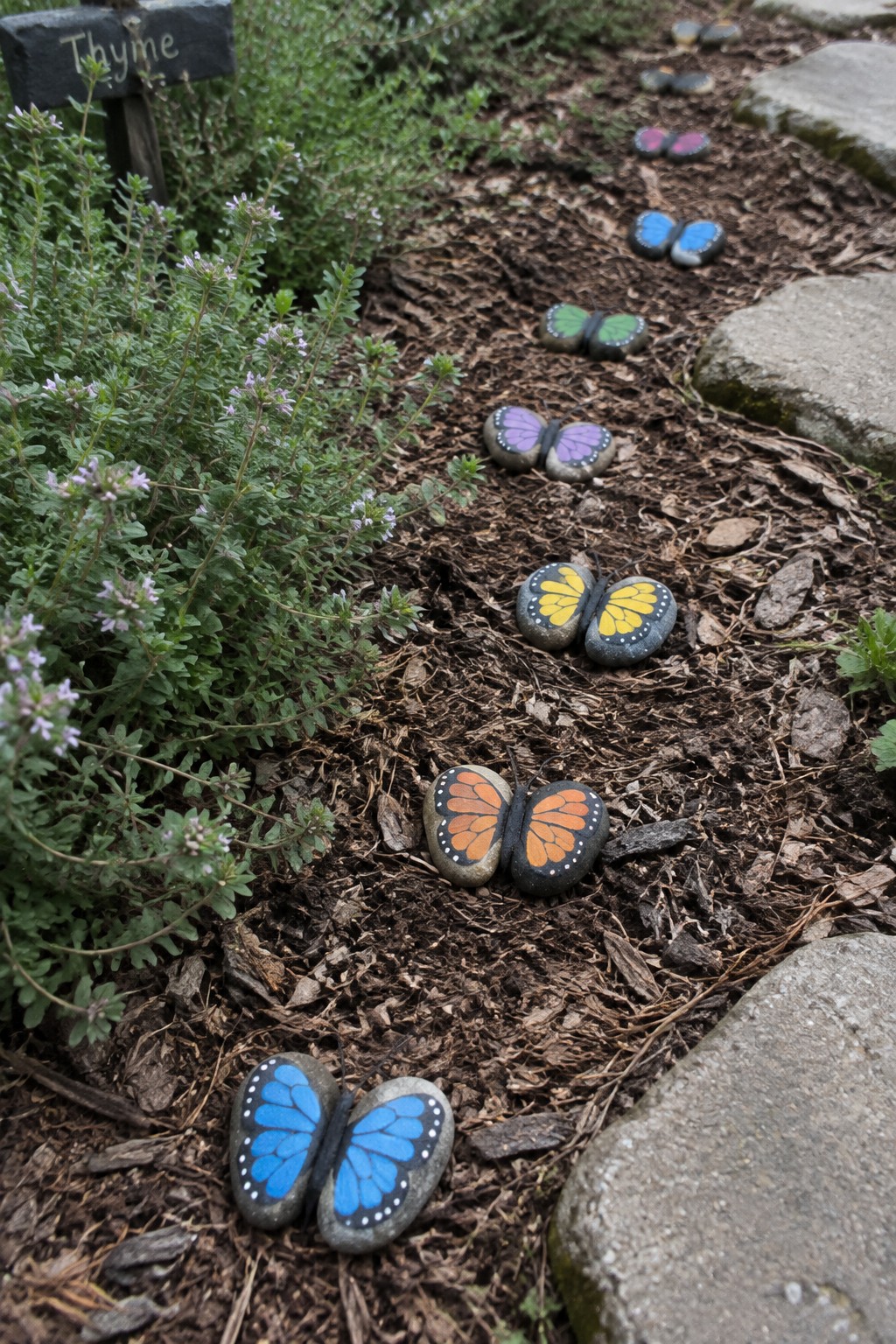 Colorful painted butterfly rocks lined along a mulched garden path by thyme.