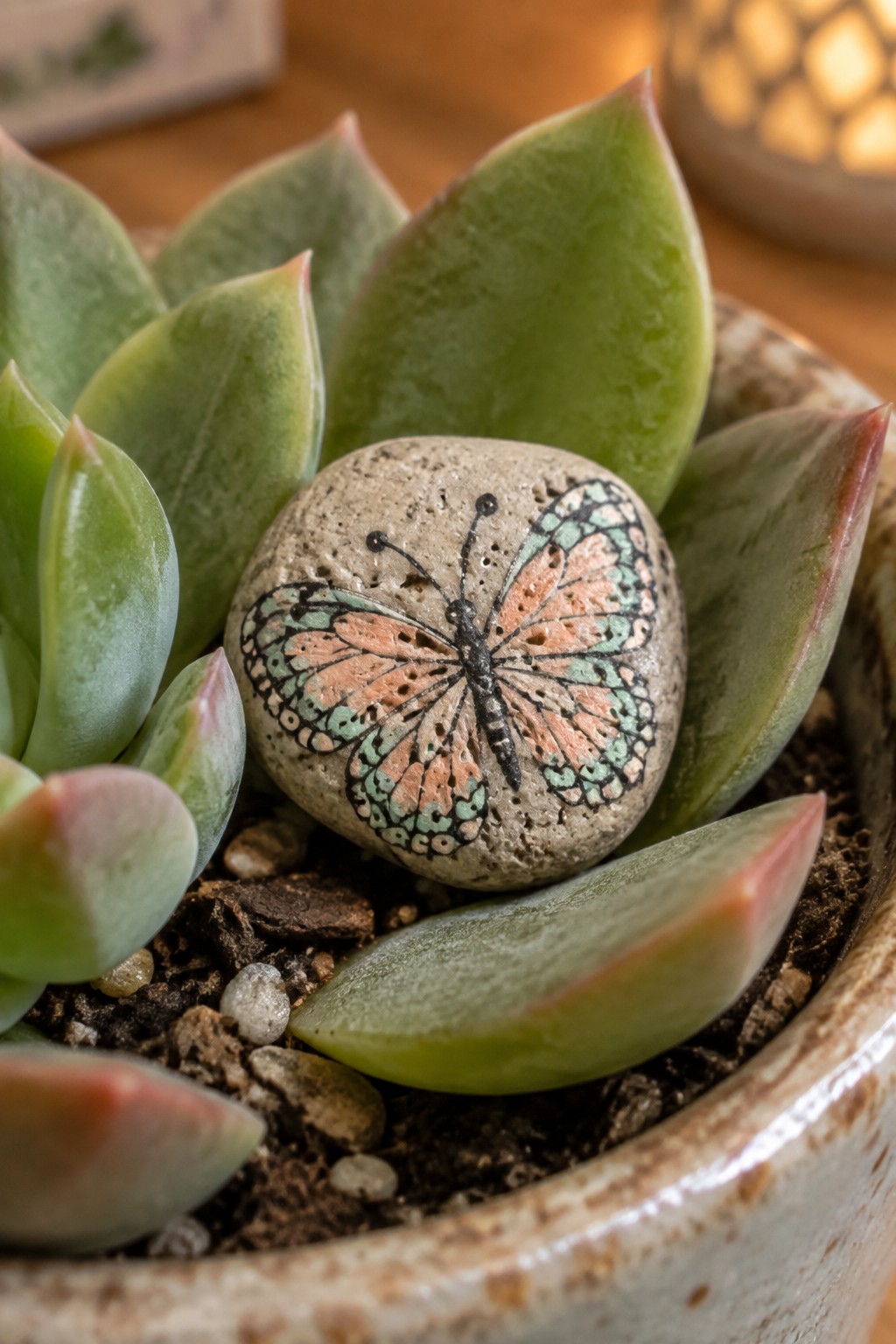 Painted butterfly stone nestled among green succulent leaves in a pot.