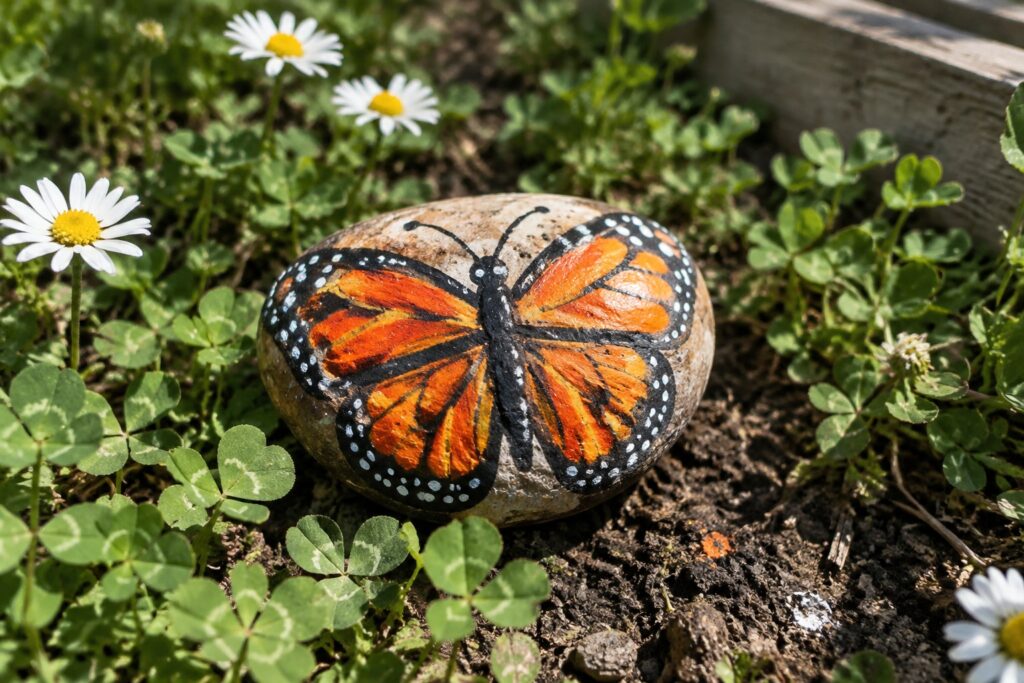 A smooth oval stone painted with a monarch butterfly sits on garden soil among white daisies and green plants.
