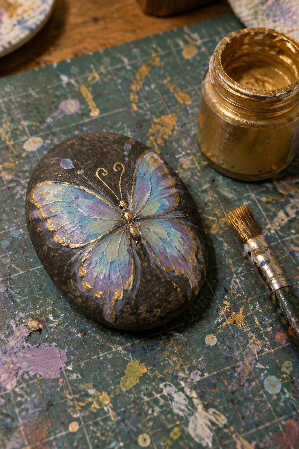 Butterfly-painted rock in blue and gold next to paint jar and brush on green mat