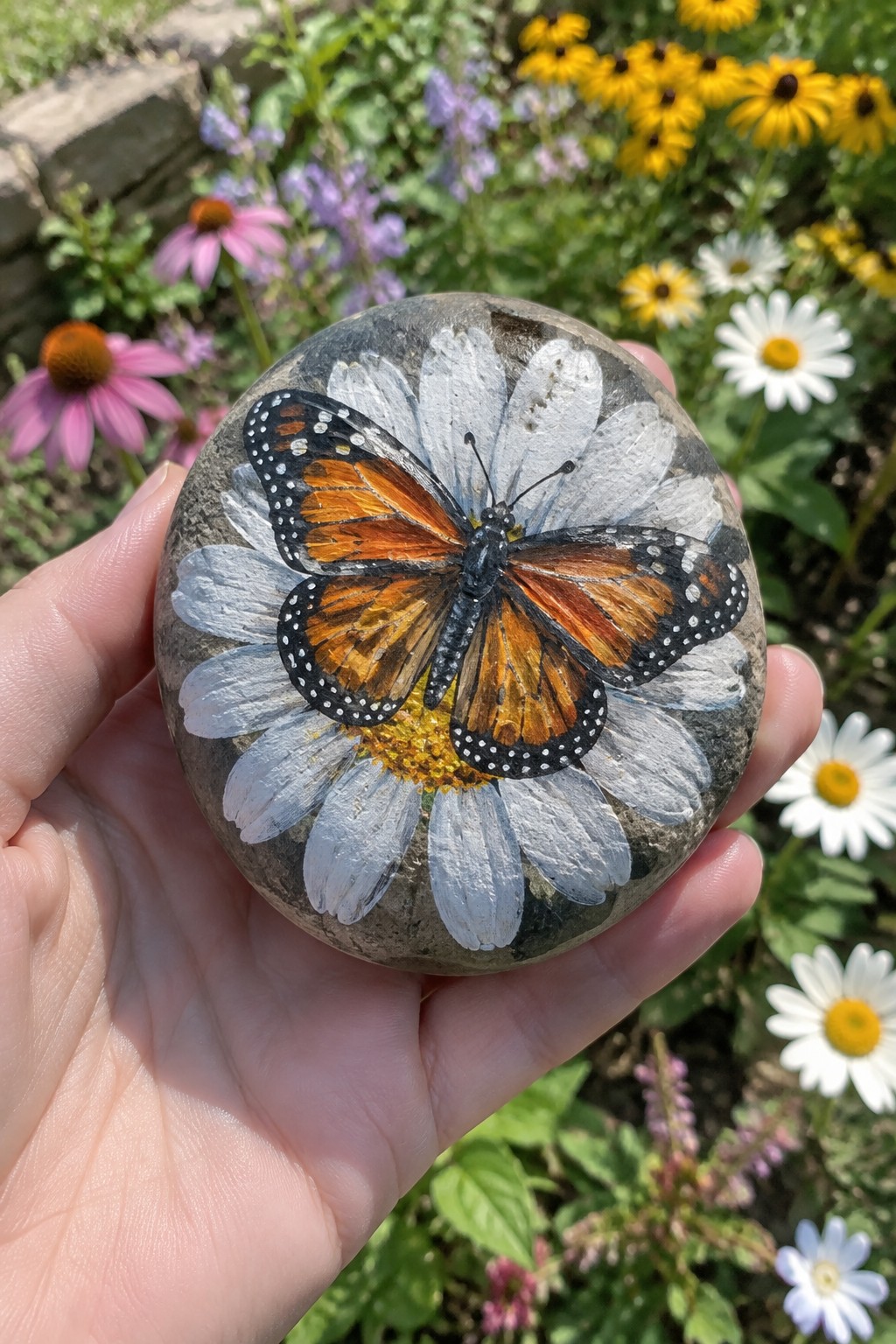 Hand holding painted rock with monarch butterfly on white daisy in garden.