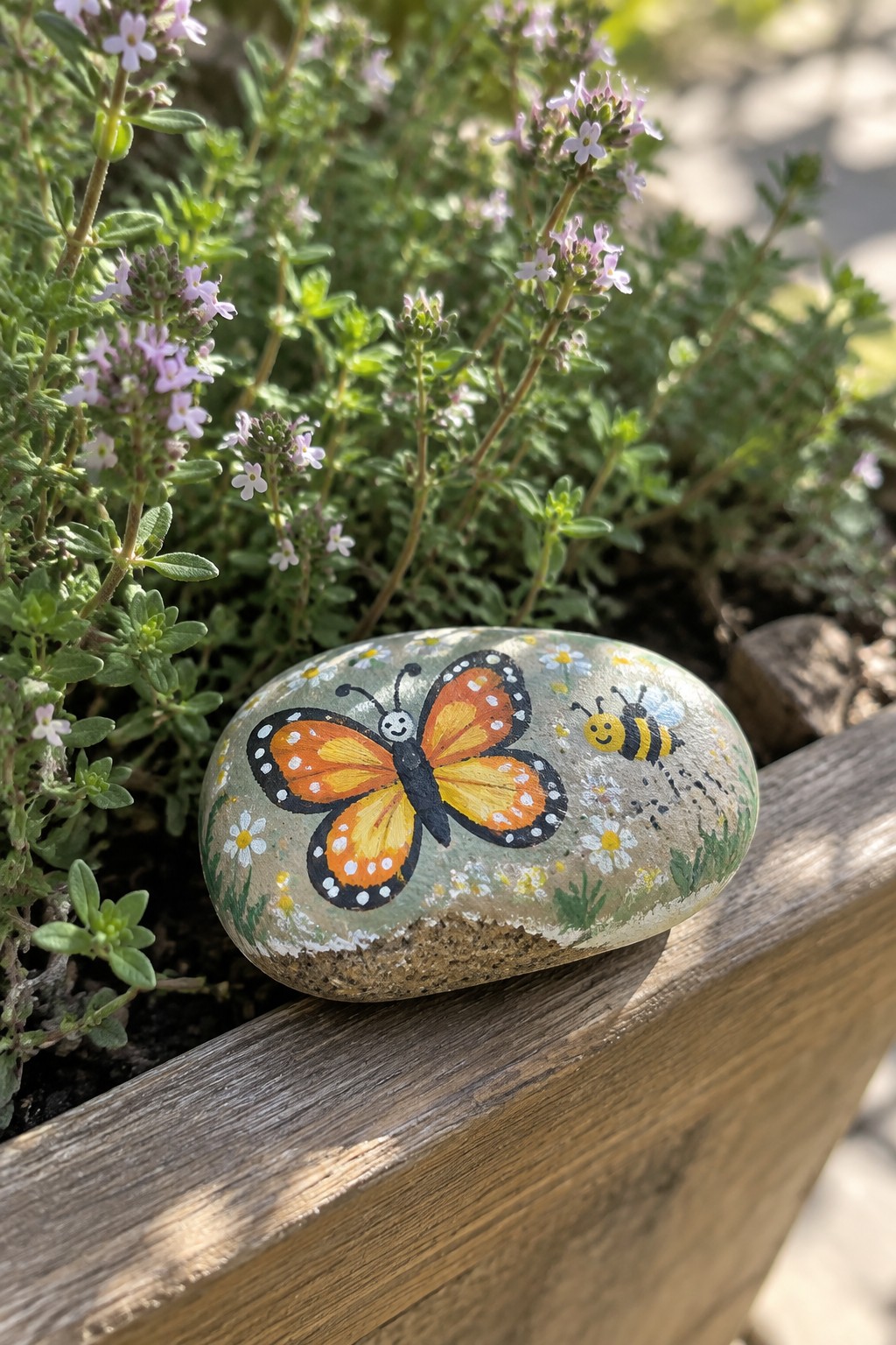 Hand-painted rock with orange butterfly and smiling bee amid flowers