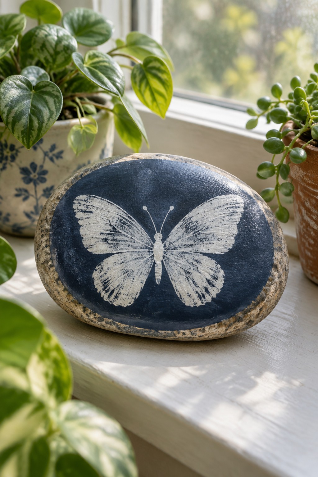 Blue painted rock with white butterfly on windowsill among potted plants