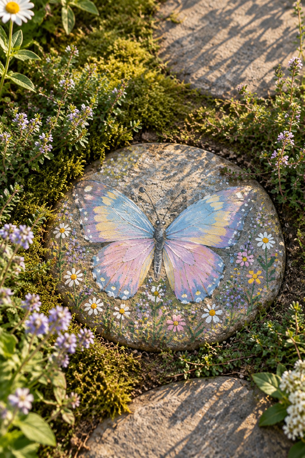 Colorful butterfly painting on round stone nestled among garden plants and flowers.