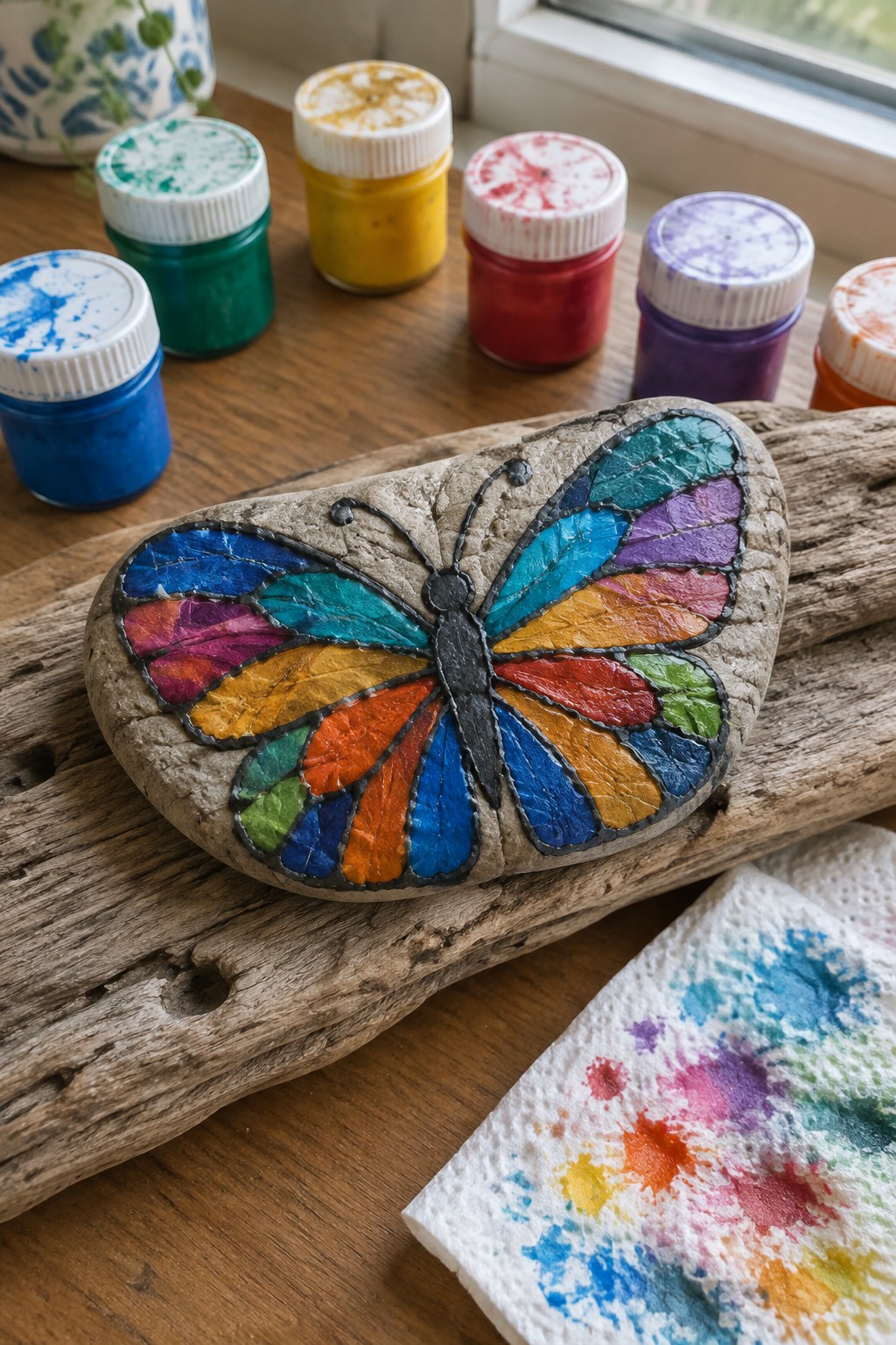 Vibrant rainbow butterfly painted on stone amid paint jars on driftwood.