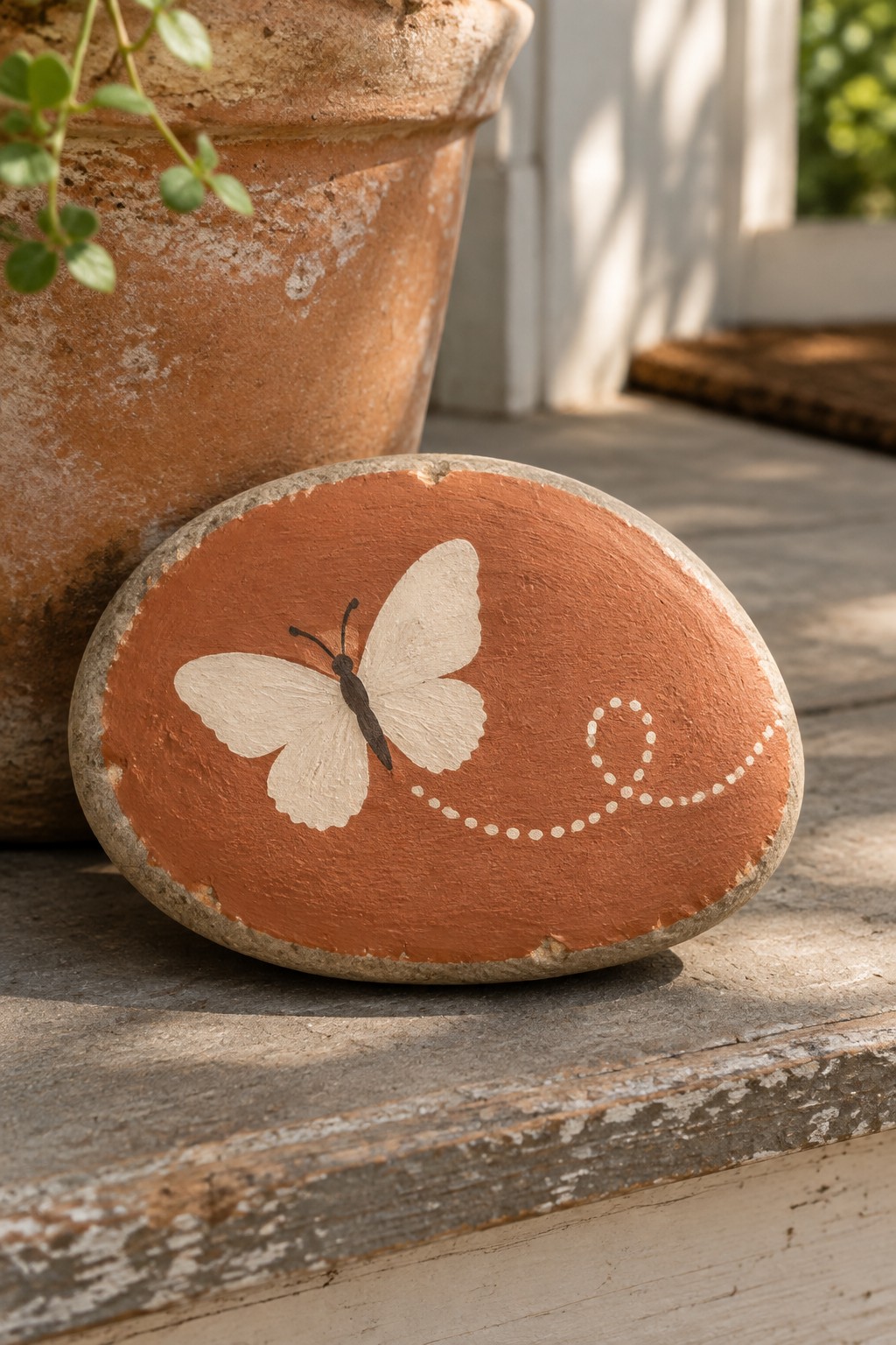 Orange-painted stone with white butterfly and dotted trail on wood