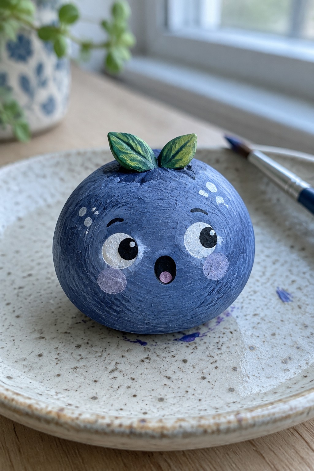 Hand-painted blueberry with cartoon face, big eyes, and leaves on speckled plate