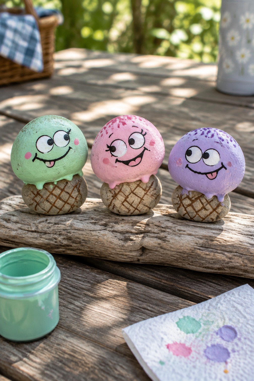 Three cartoon-faced painted rock ice creams in green, pink, and purple on wood