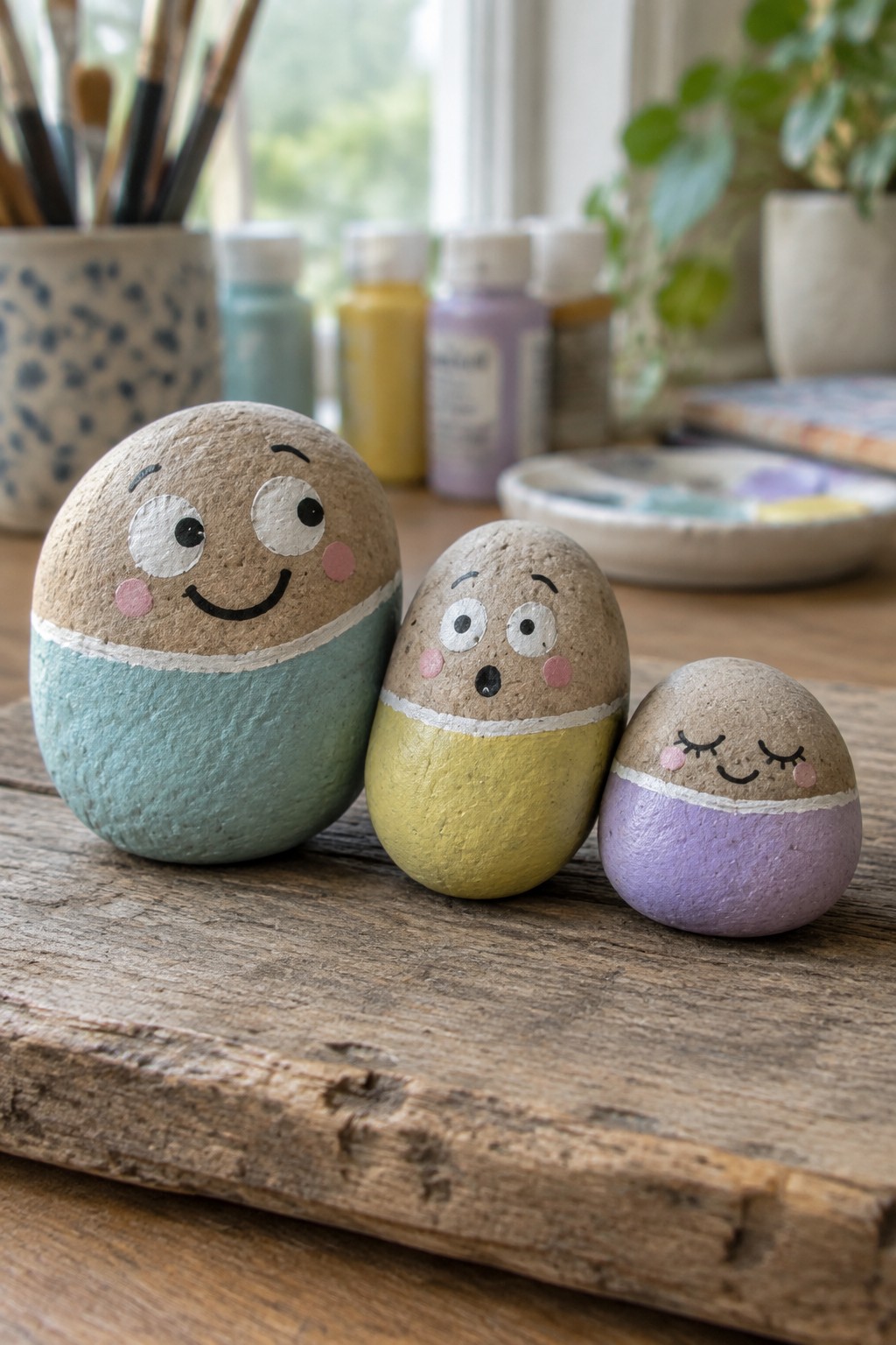 Three whimsical painted rocks with happy, surprised, and sleepy faces on wood