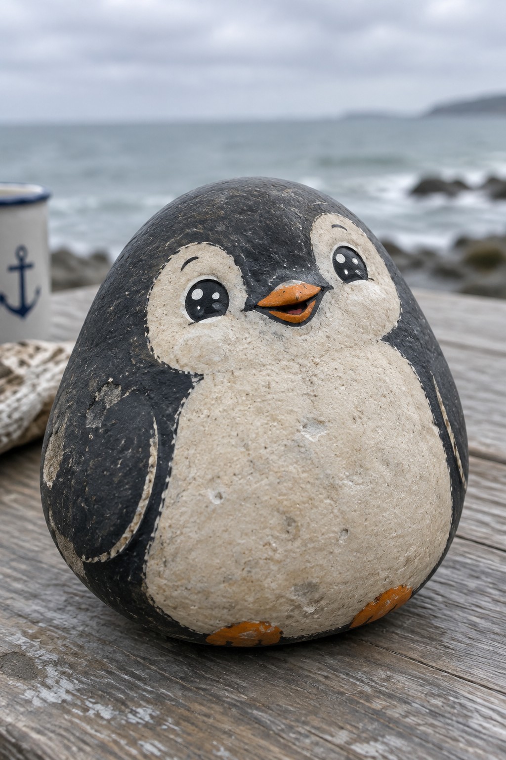 A painted rock shaped like a penguin with black and white coloring, orange beak and feet, and cartoon eyes rests on a wooden surface near the ocean.