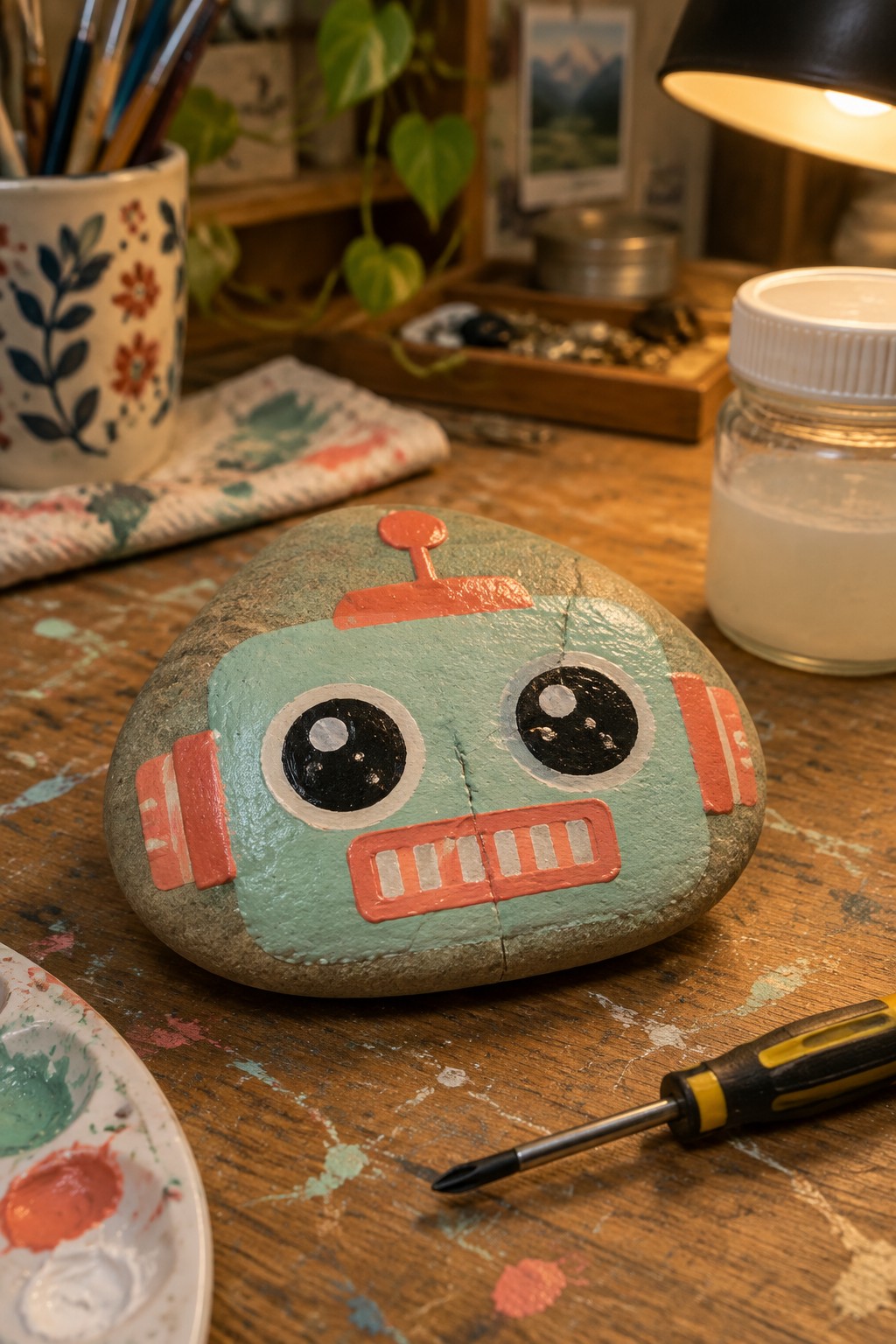 Painted turquoise robot rock on wooden table amid paints, jar, and screwdriver