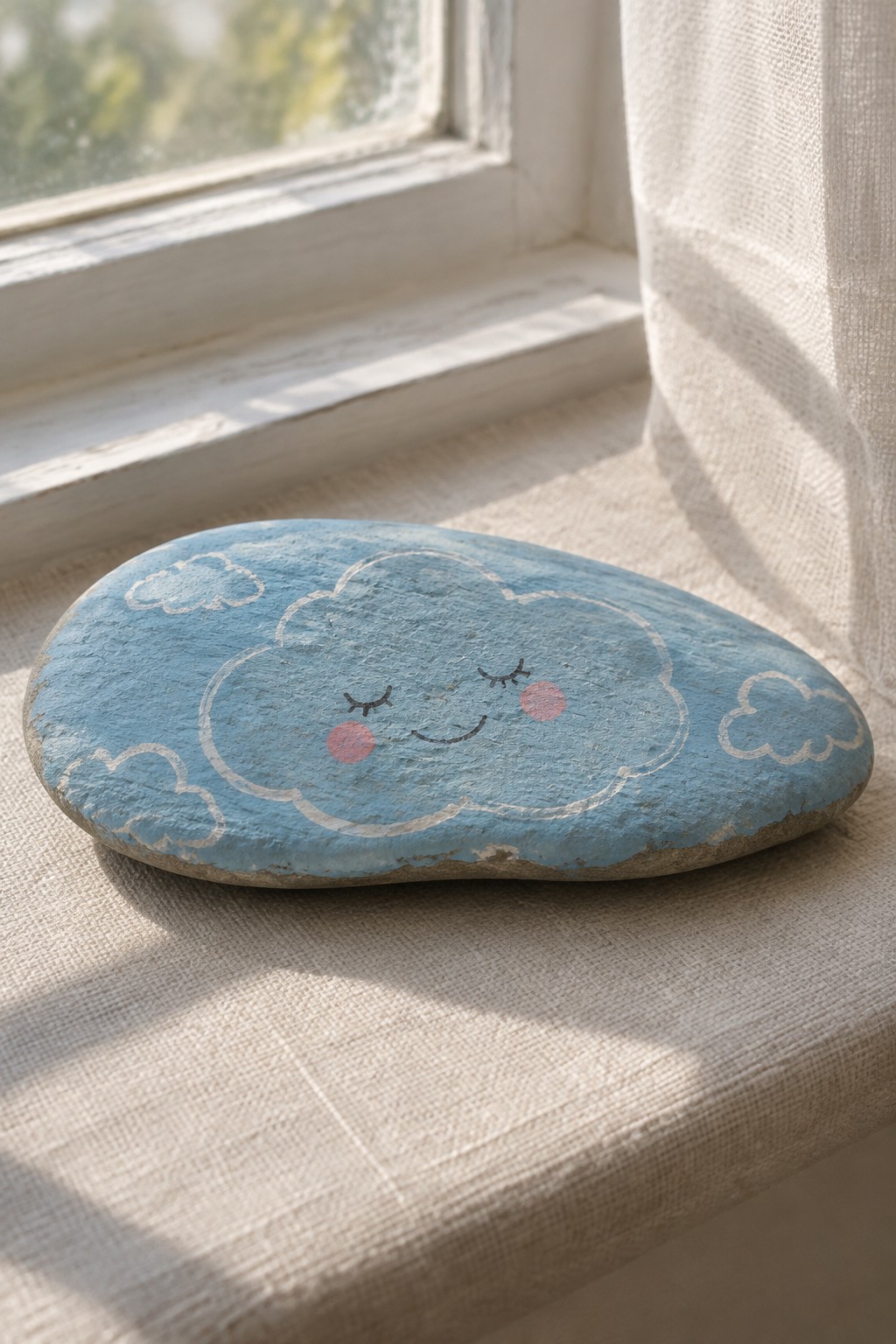 Painted blue rock with smiling cloud face on sunlit windowsill fabric