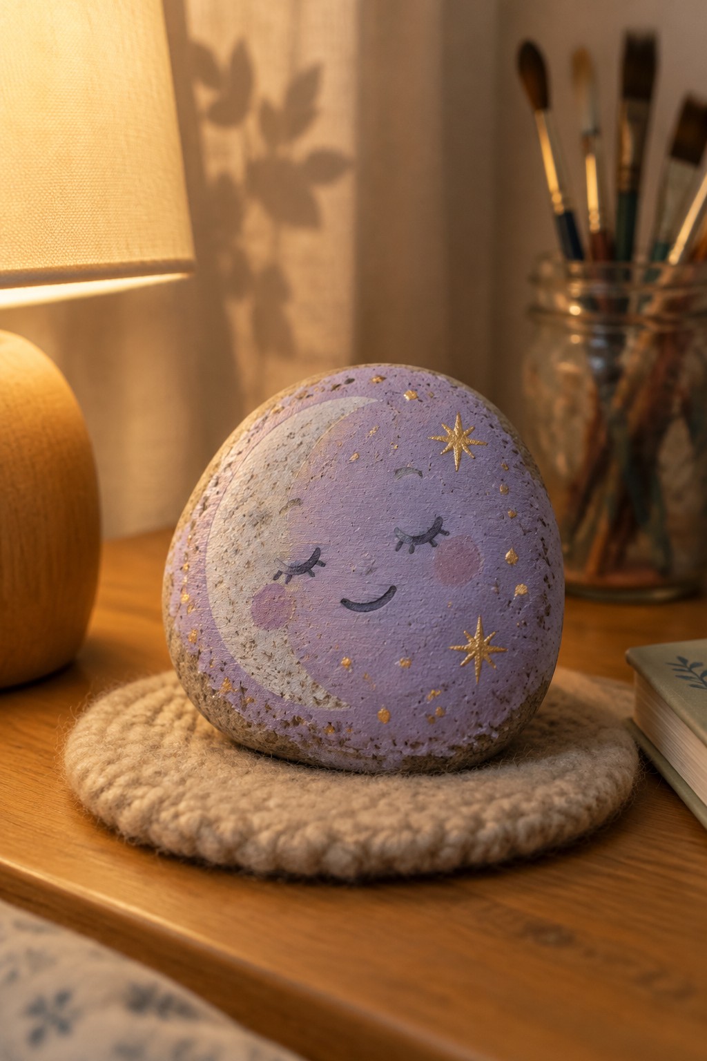 Painted purple rock with moon face and gold stars on woven mat beside lamp